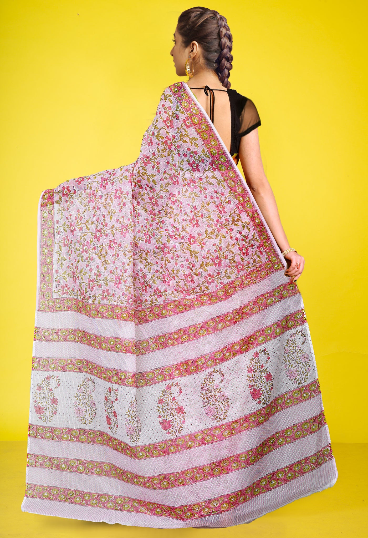 Pink Pure Hand Block Printed Kota Saree