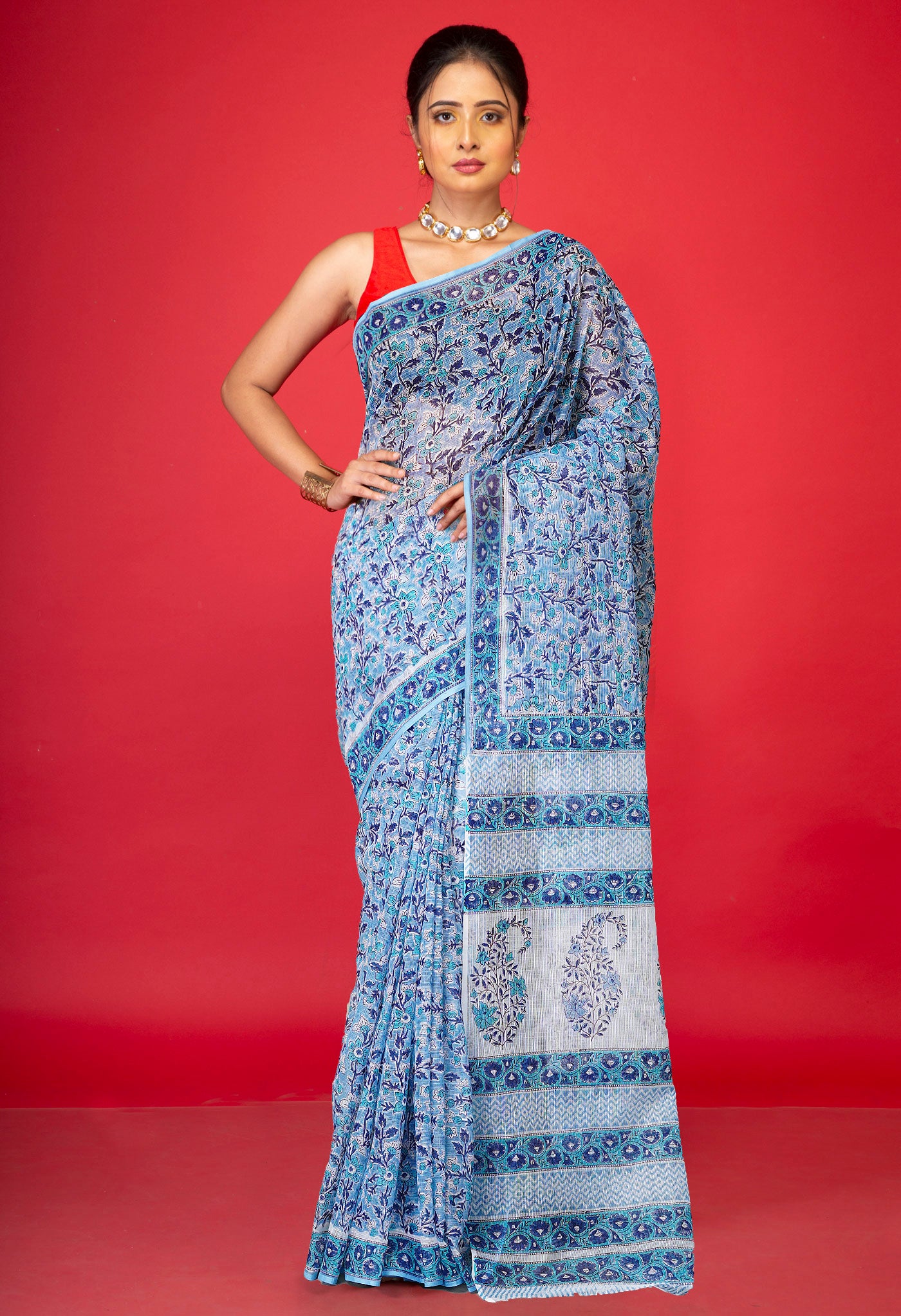 Blue Pure Hand Block Printed Kota Saree