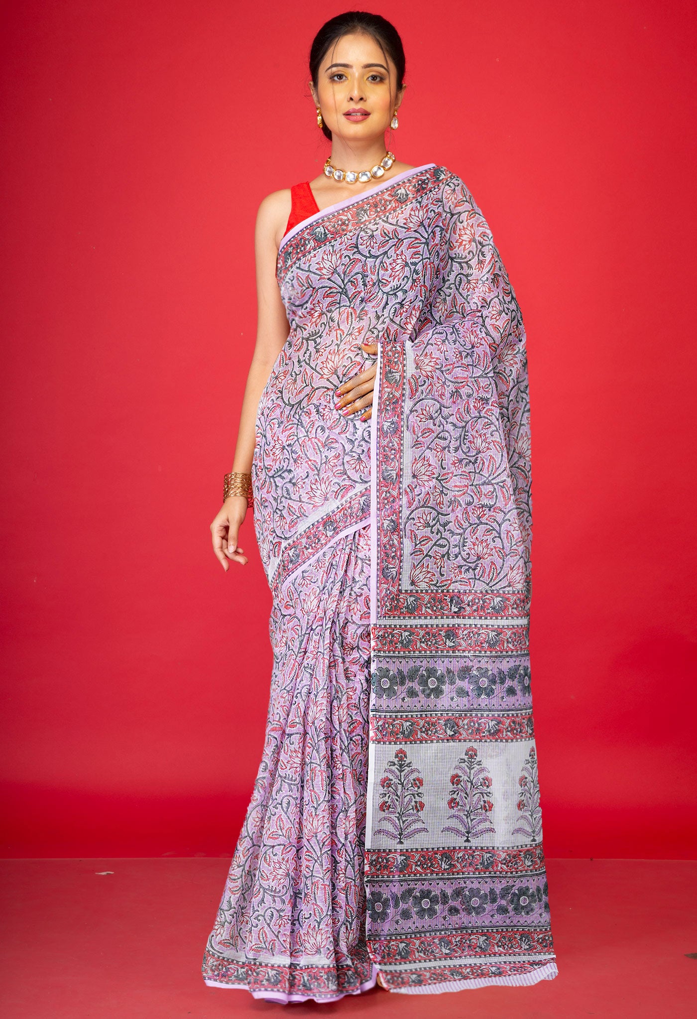 Purple Pure Hand Block Printed Kota Saree