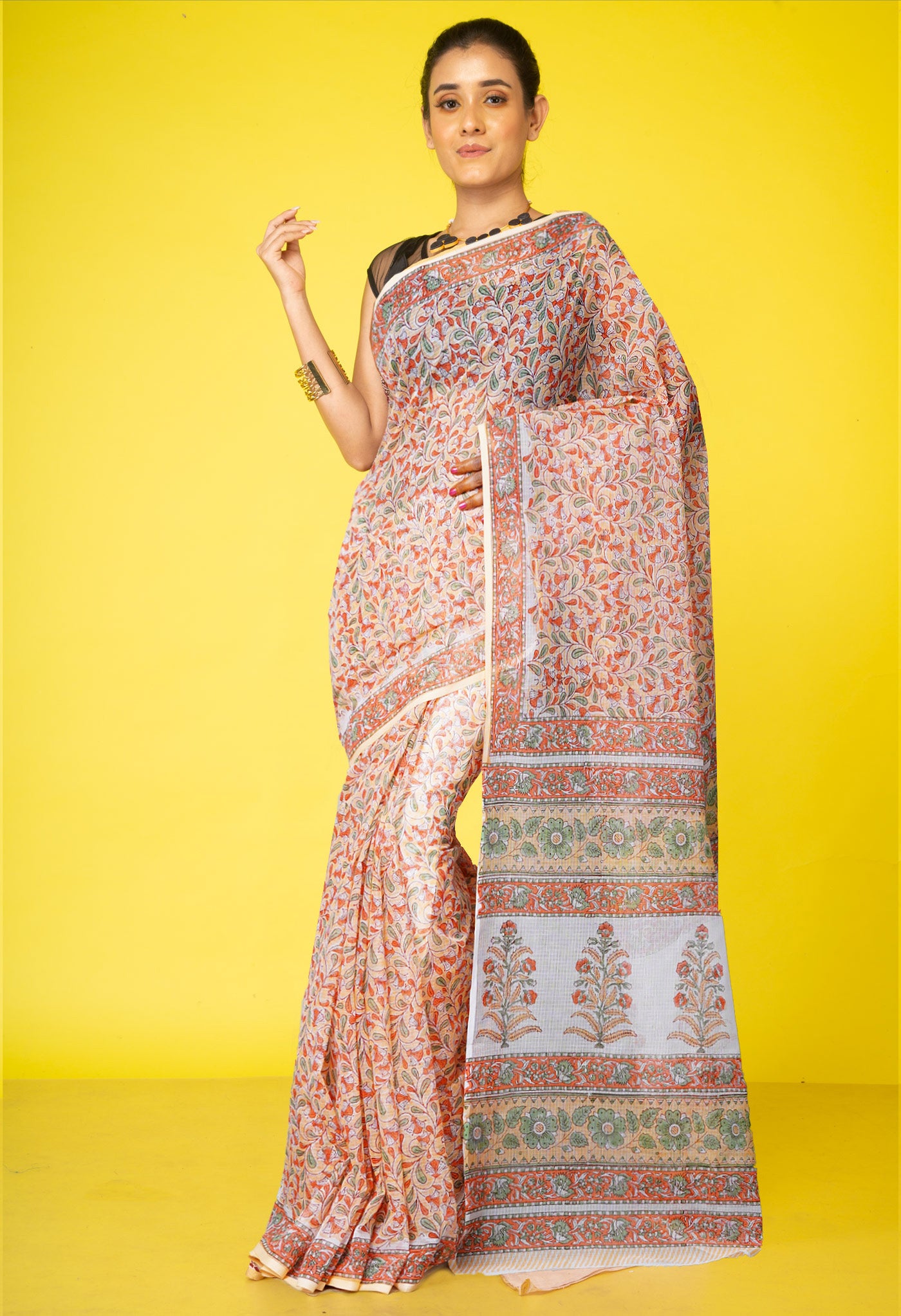 Orange Pure Hand Block Printed Kota Saree