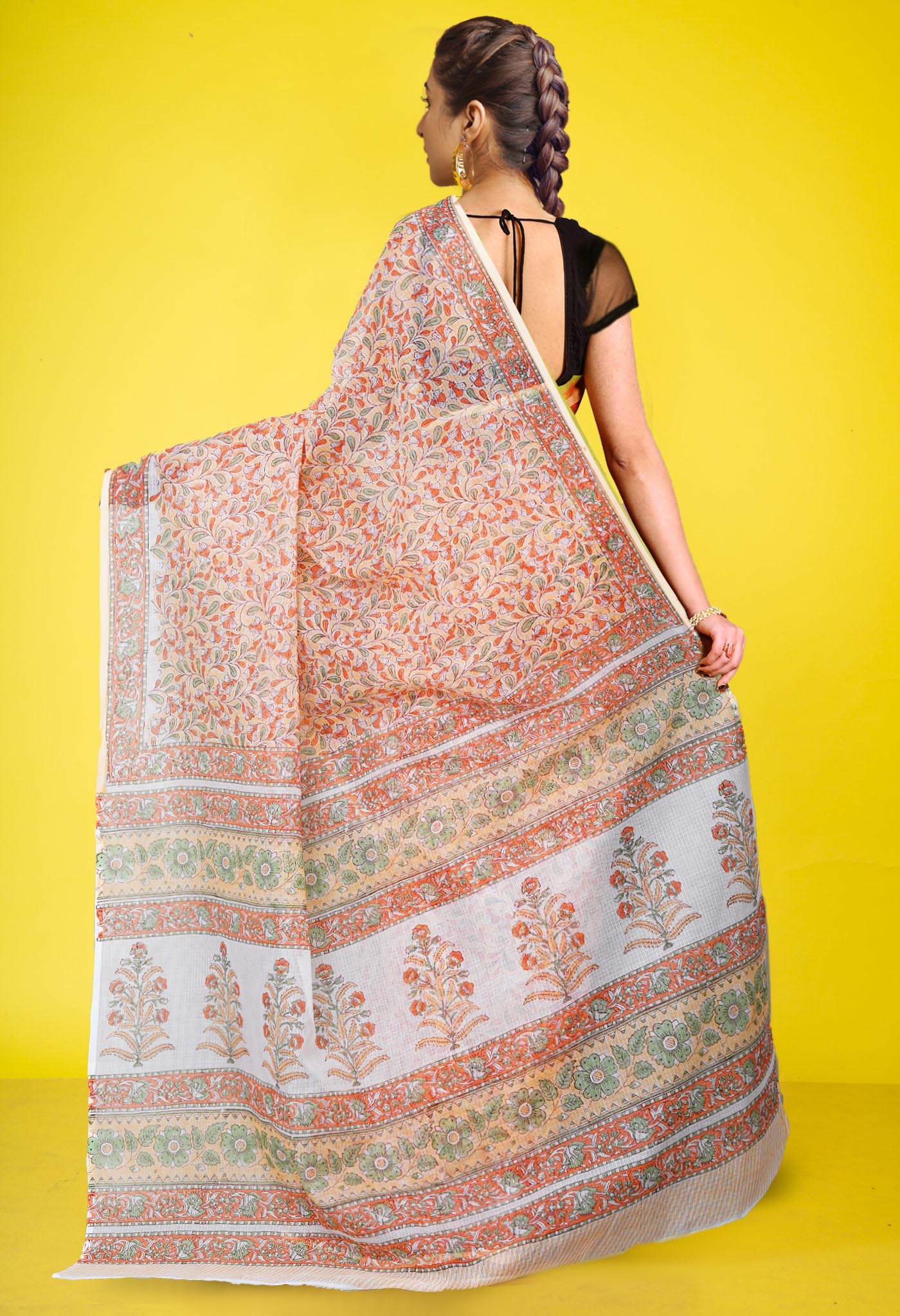 Orange Pure Hand Block Printed Kota Saree