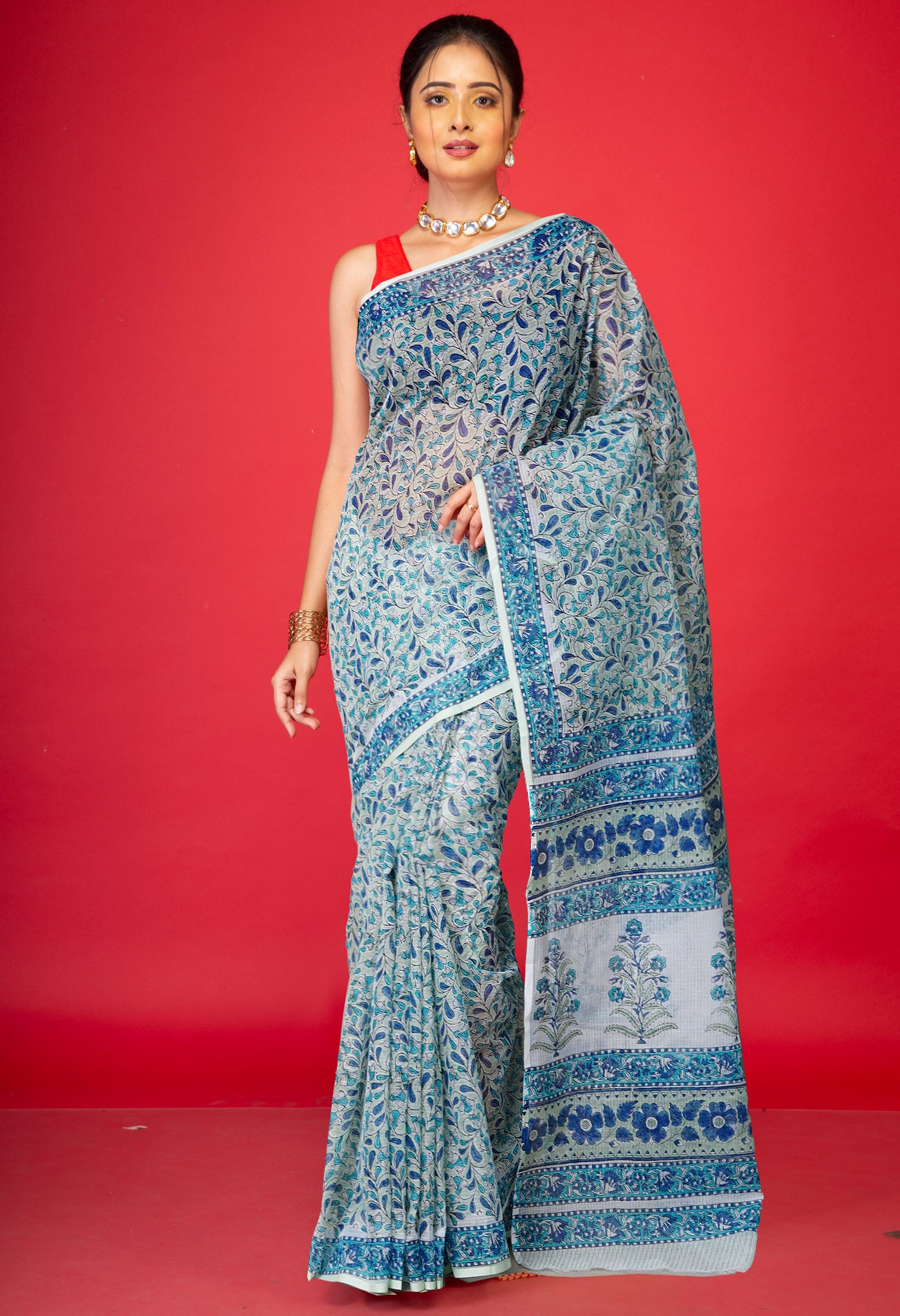 Green Pure Hand Block Printed Kota Saree-UNM79551