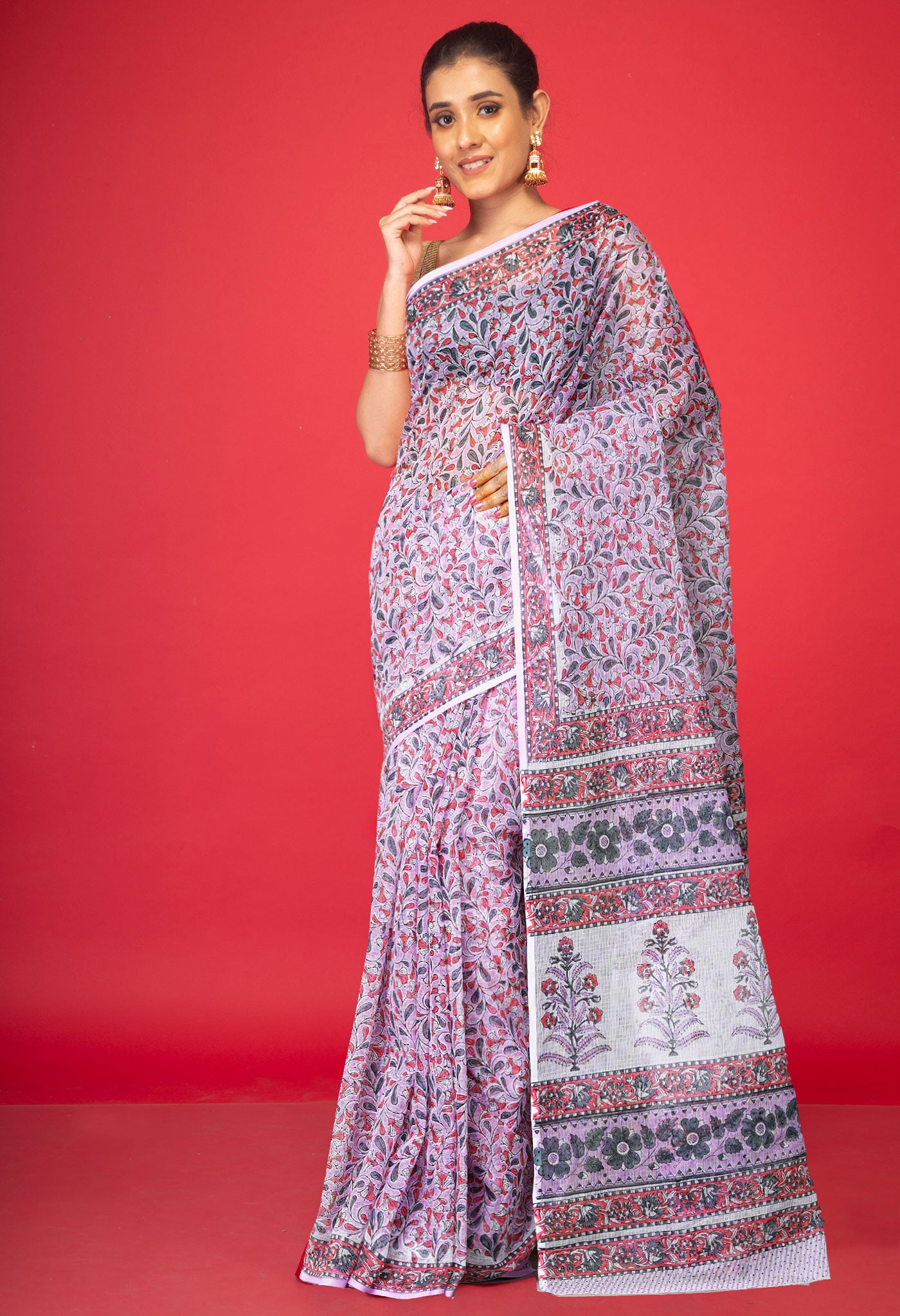 Purple Pure Hand Block Printed Kota Saree