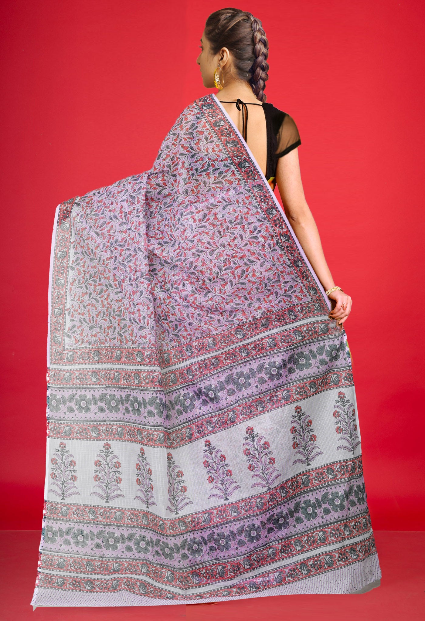 Purple Pure Hand Block Printed Kota Saree