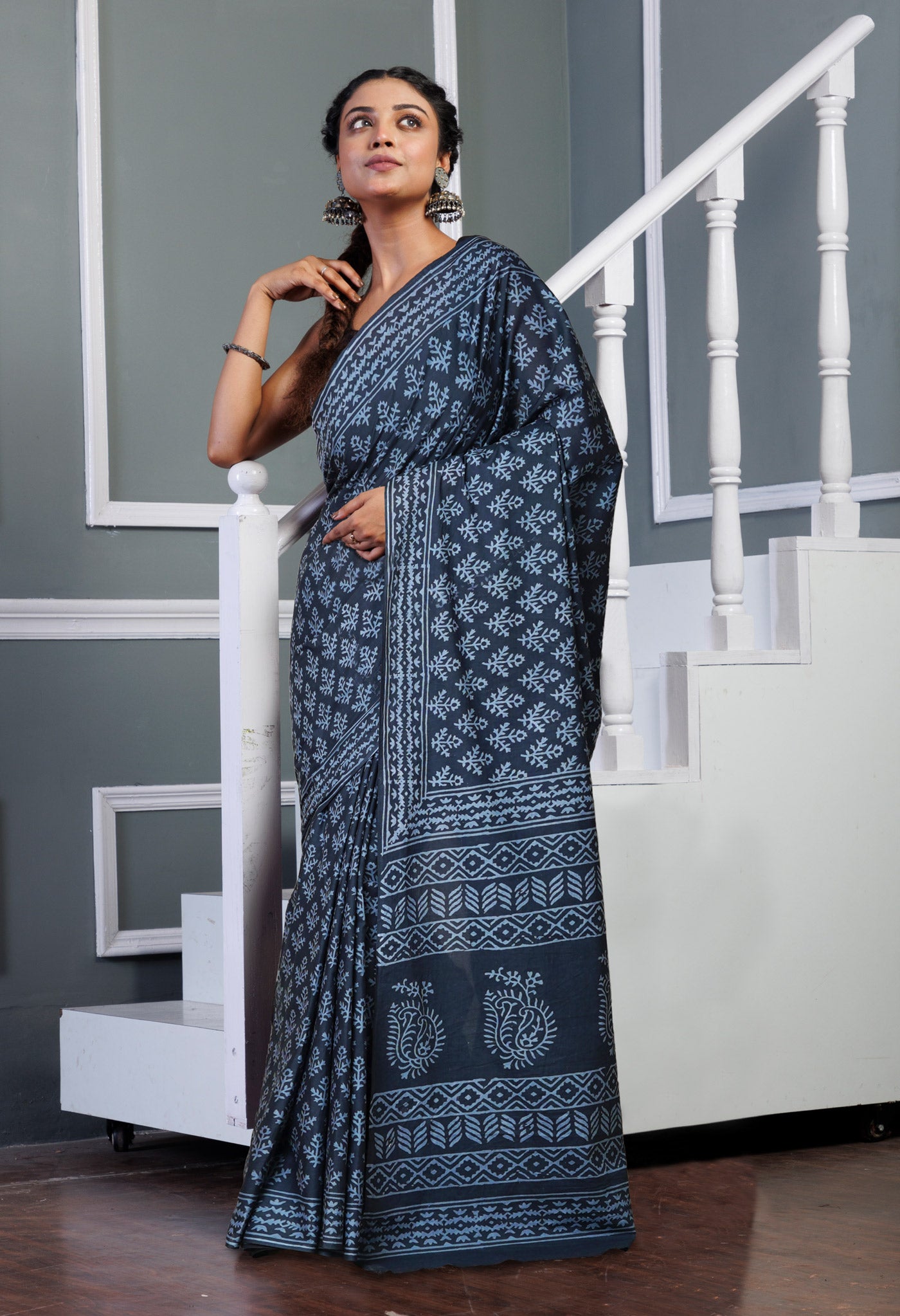 Dark Grey Pure Hand Block Printed Soft Cotton Saree