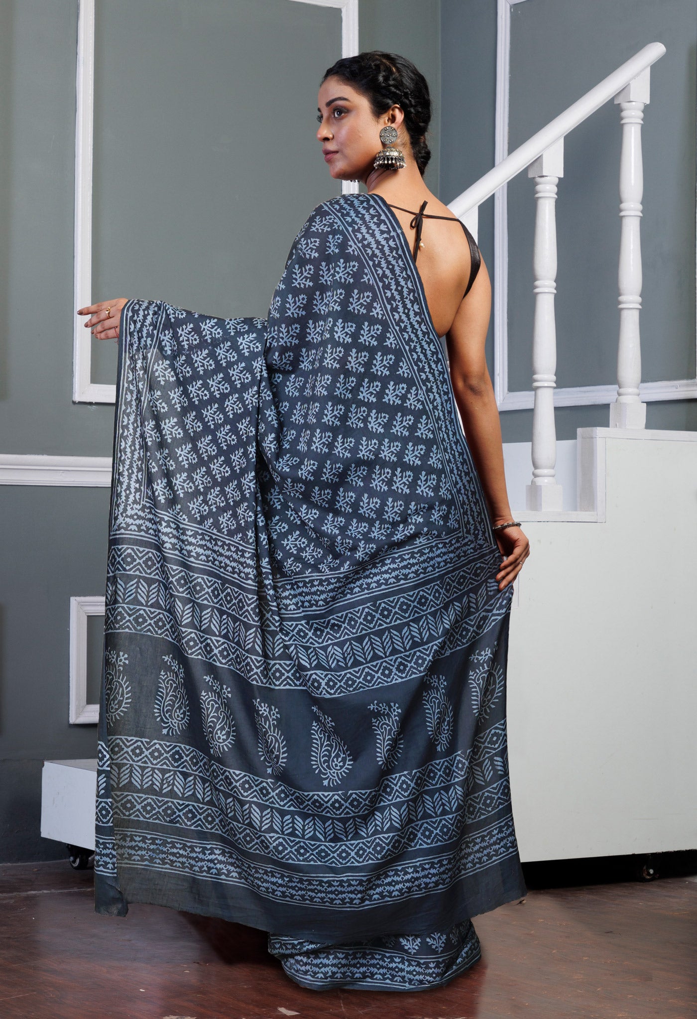 Dark Grey Pure Hand Block Printed Soft Cotton Saree-UNM79553