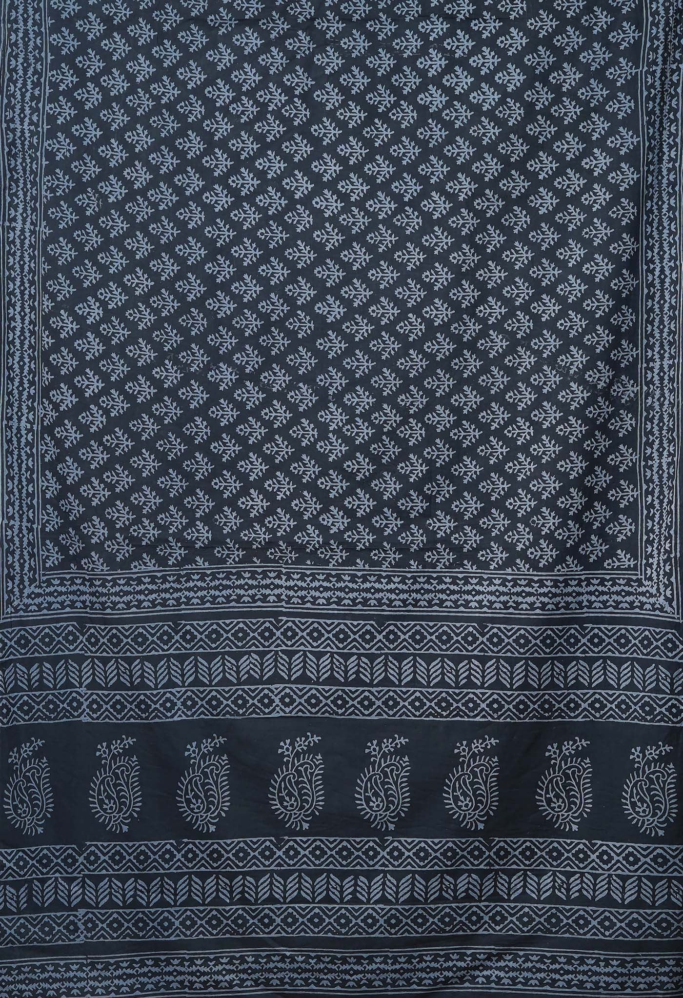 Dark Grey Pure Hand Block Printed Soft Cotton Saree