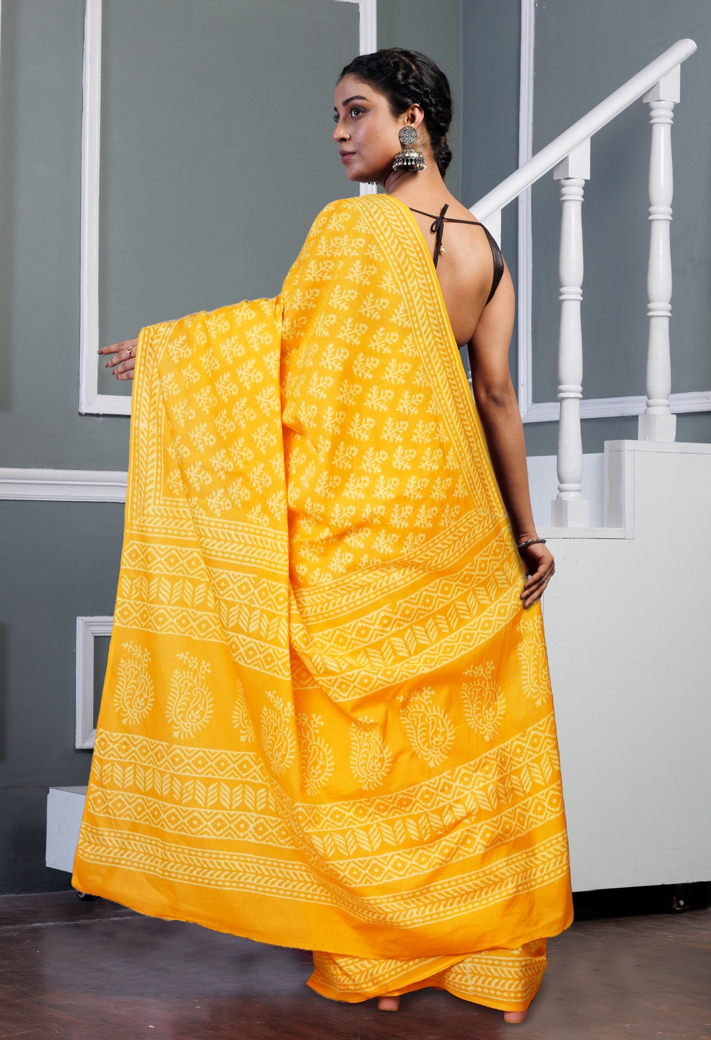 Yellow Pure Hand Block Printed Soft Cotton Saree-UNM79554