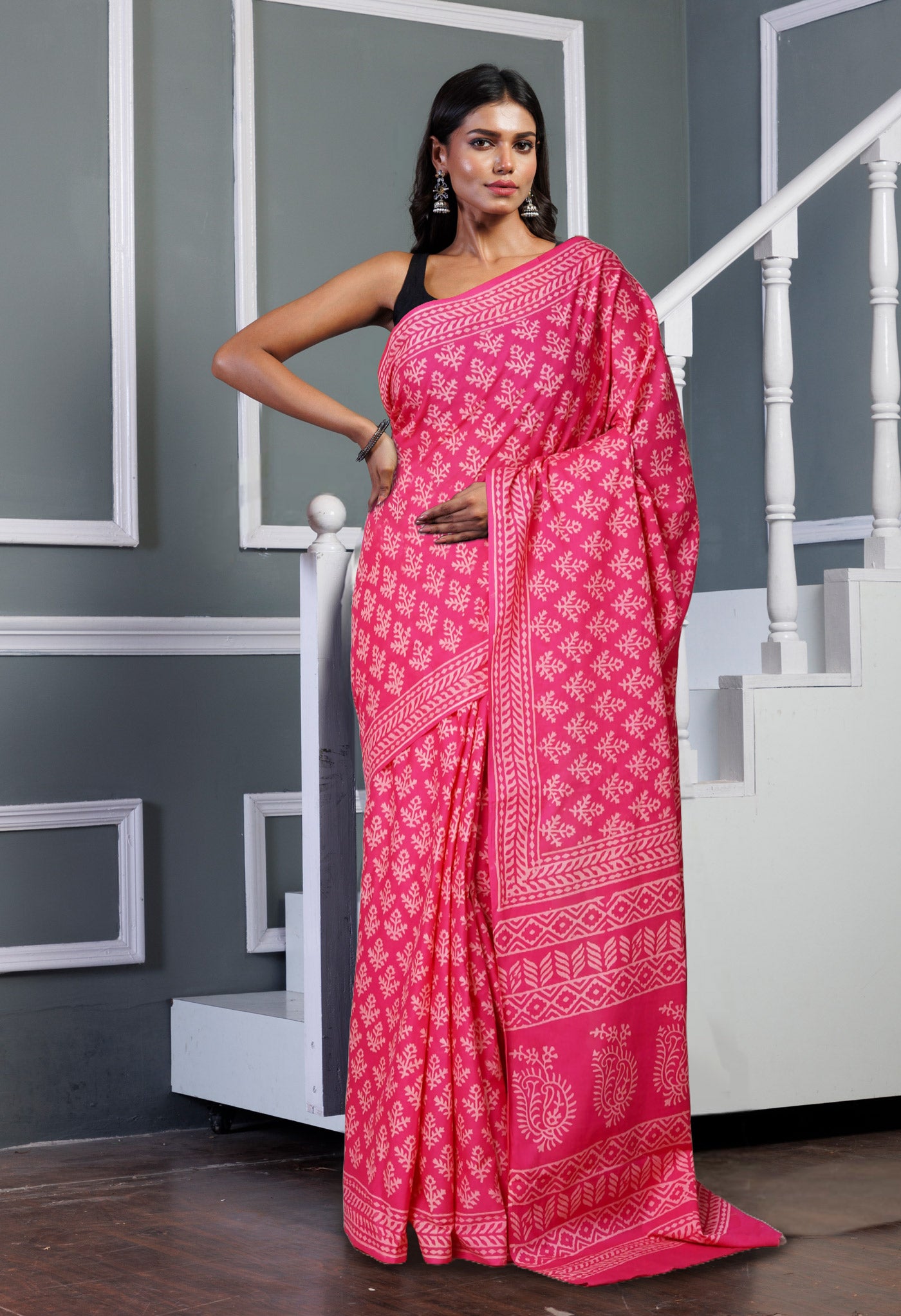 Pink Pure Hand Block Printed Soft Cotton Saree