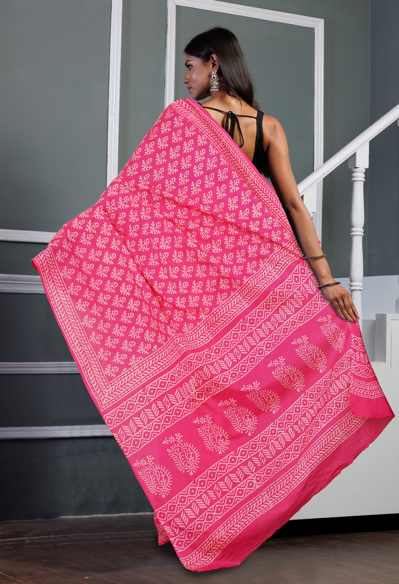 Pink Pure Hand Block Printed Soft Cotton Saree-UNM79555