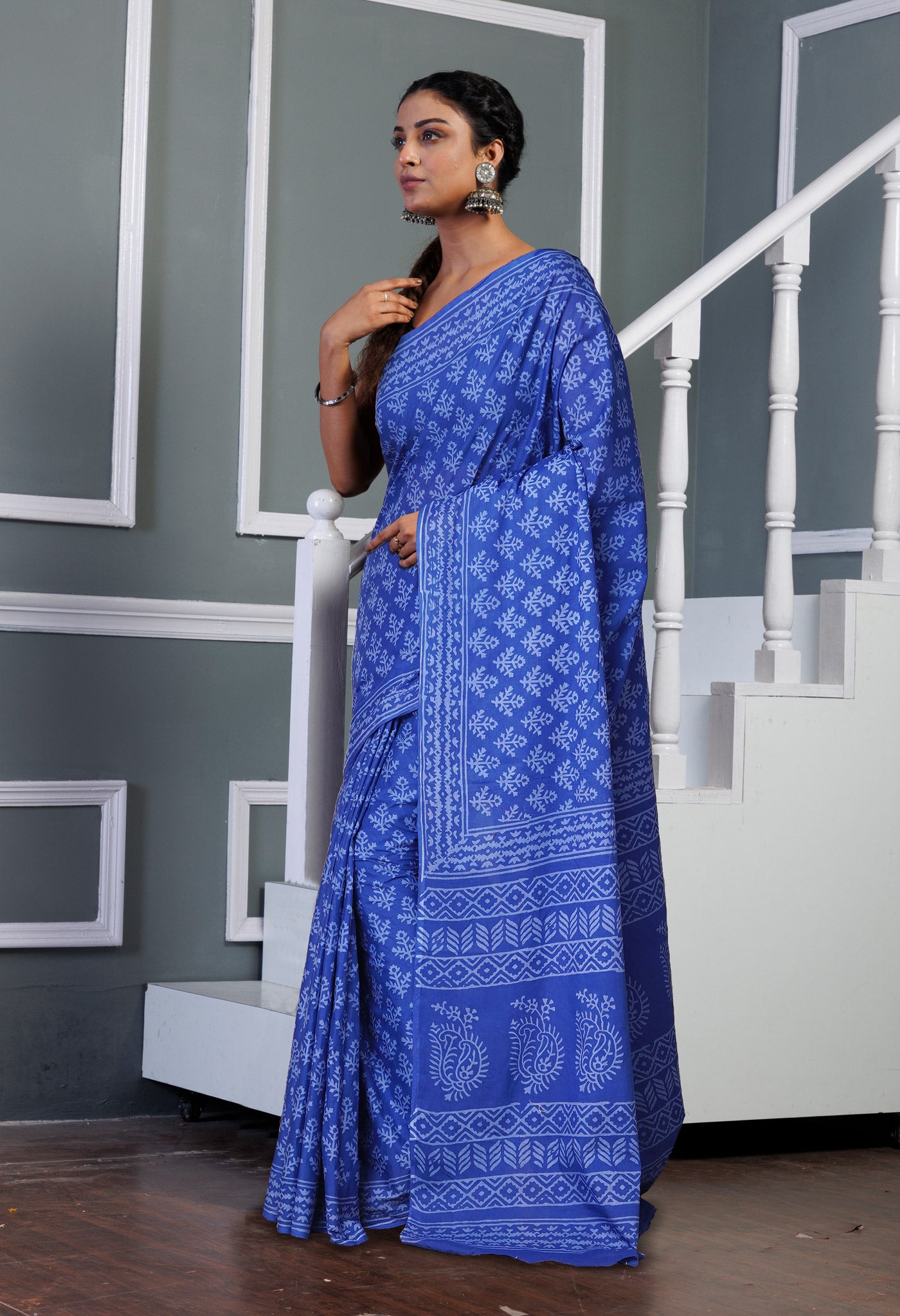 Navy Blue Pure Hand Block Printed Soft Cotton Saree-UNM79556