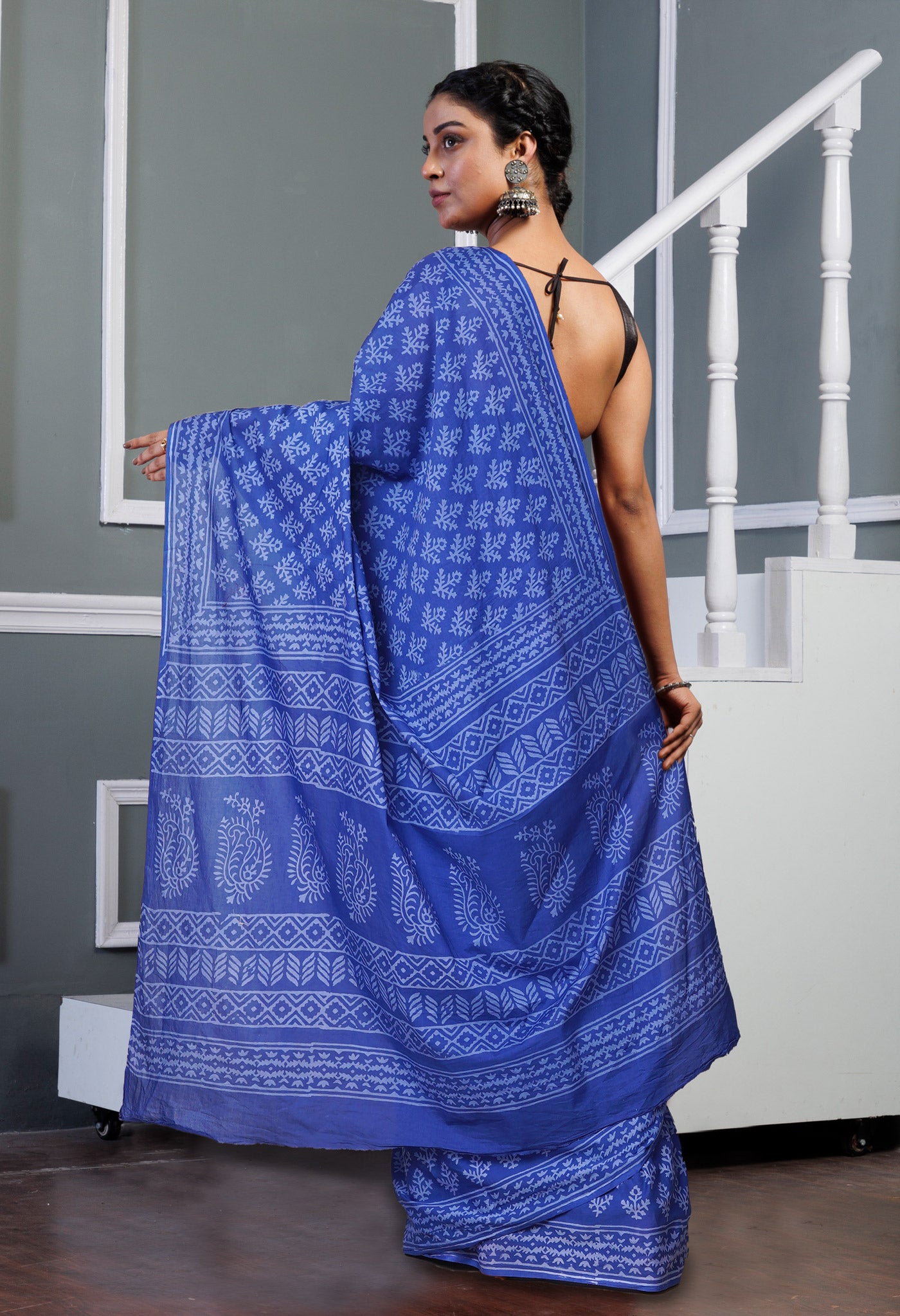 Navy Blue Pure Hand Block Printed Soft Cotton Saree-UNM79556