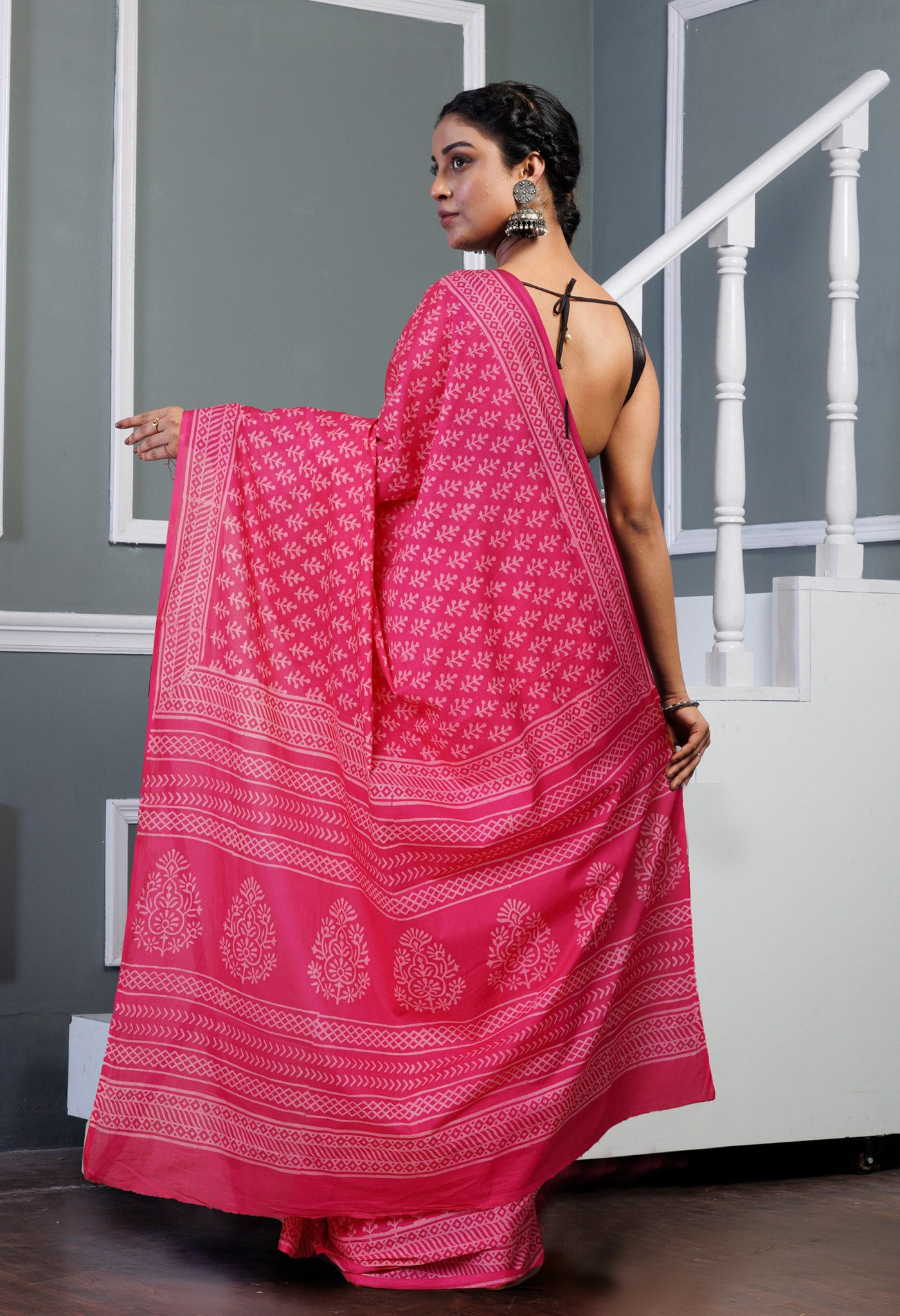 Pink Pure Hand Block Printed Soft Cotton Saree-UNM79558