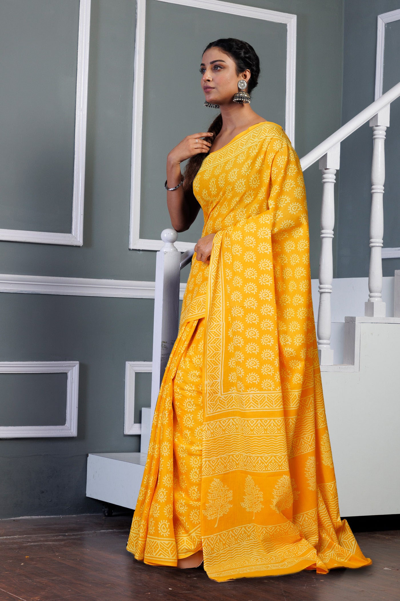 Yellow Pure Hand Block Printed Soft Cotton Saree