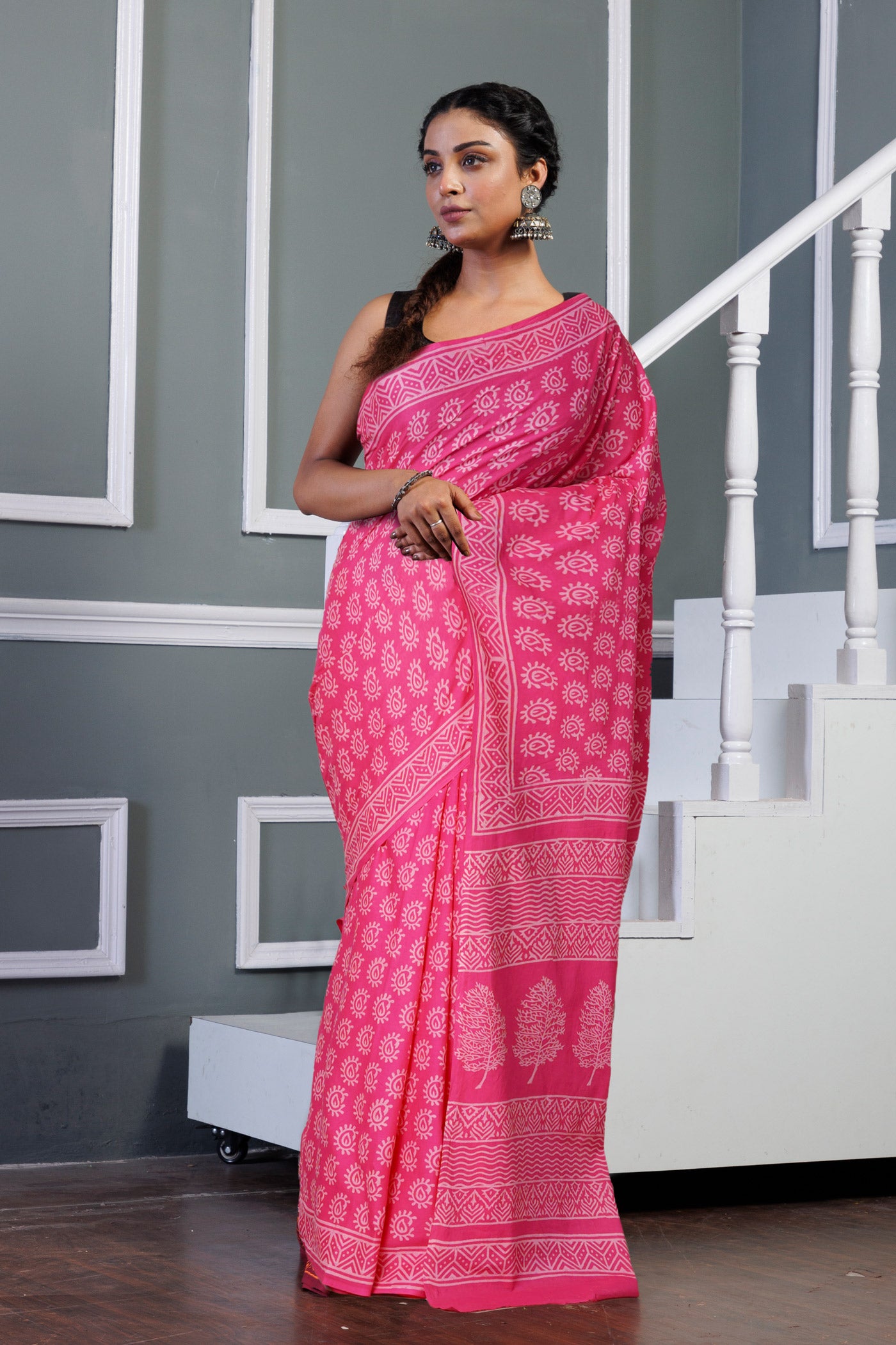 Pink Pure Hand Block Printed Soft Cotton Saree-UNM79560