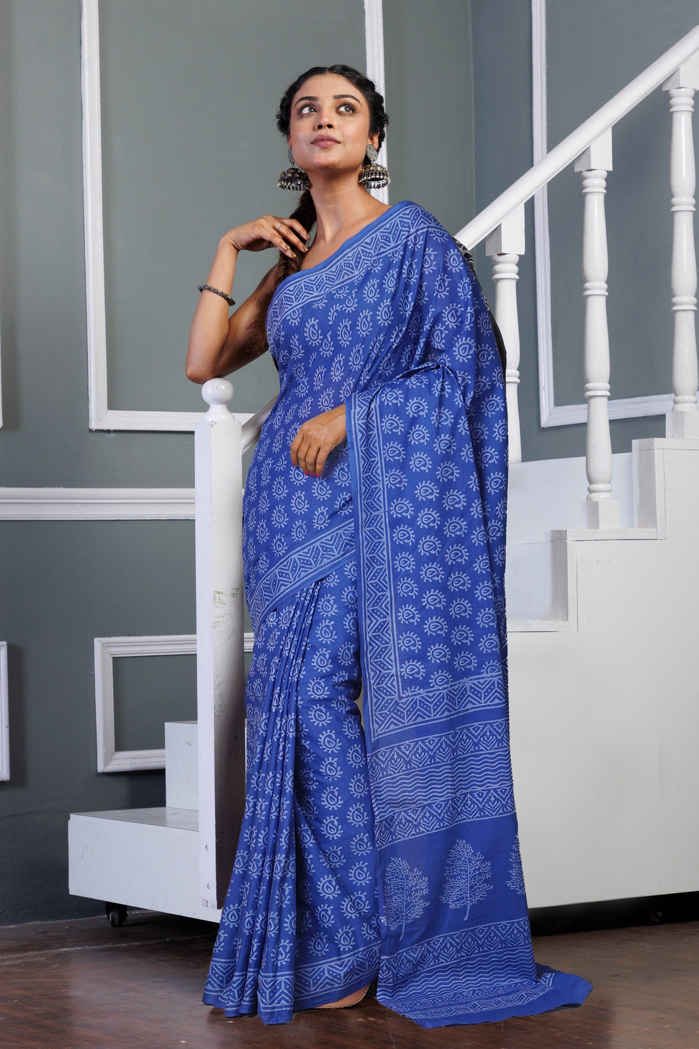 Navy Blue Pure Hand Block Printed Soft Cotton Saree-UNM79561