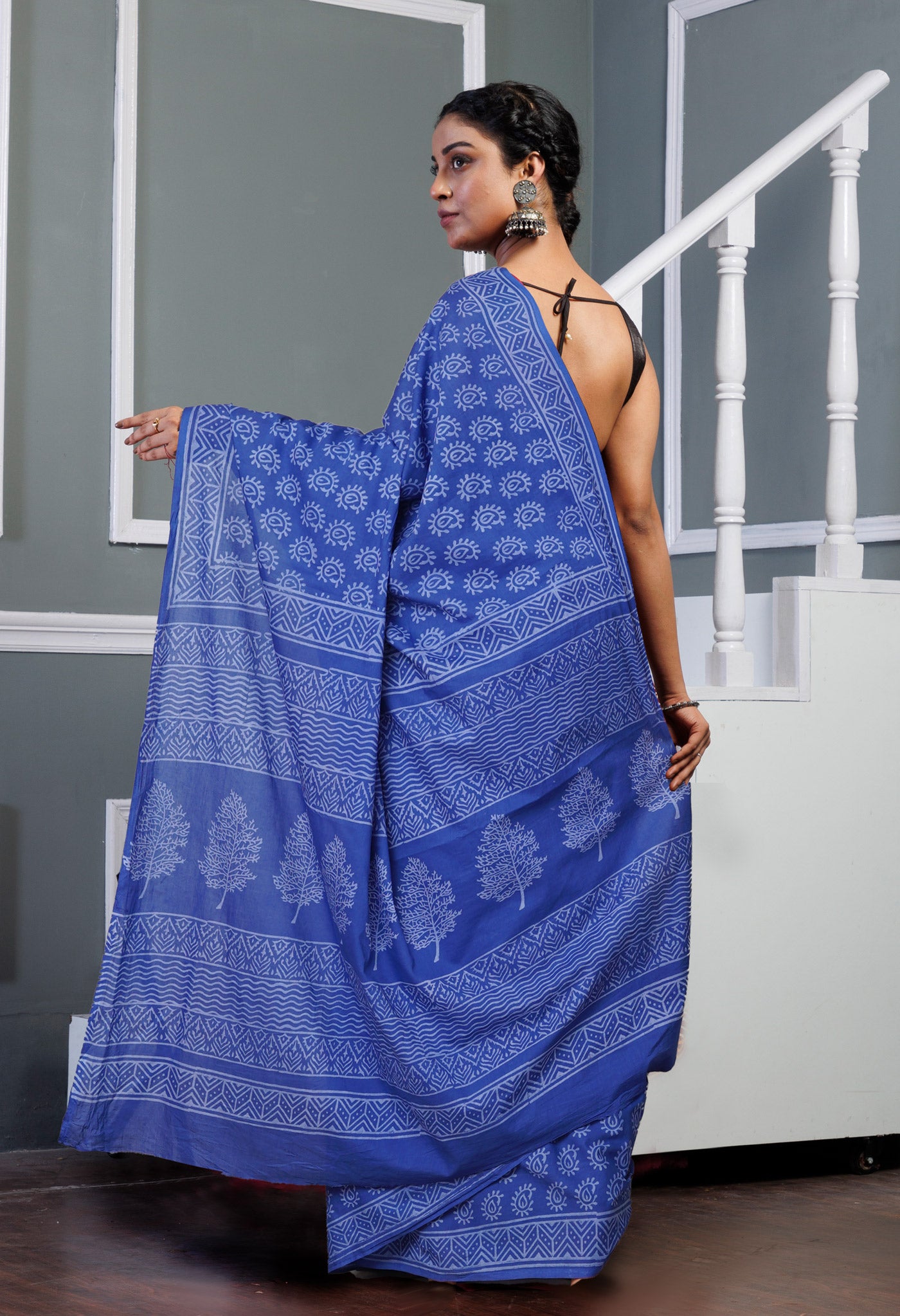 Navy Blue Pure Hand Block Printed Soft Cotton Saree-UNM79561