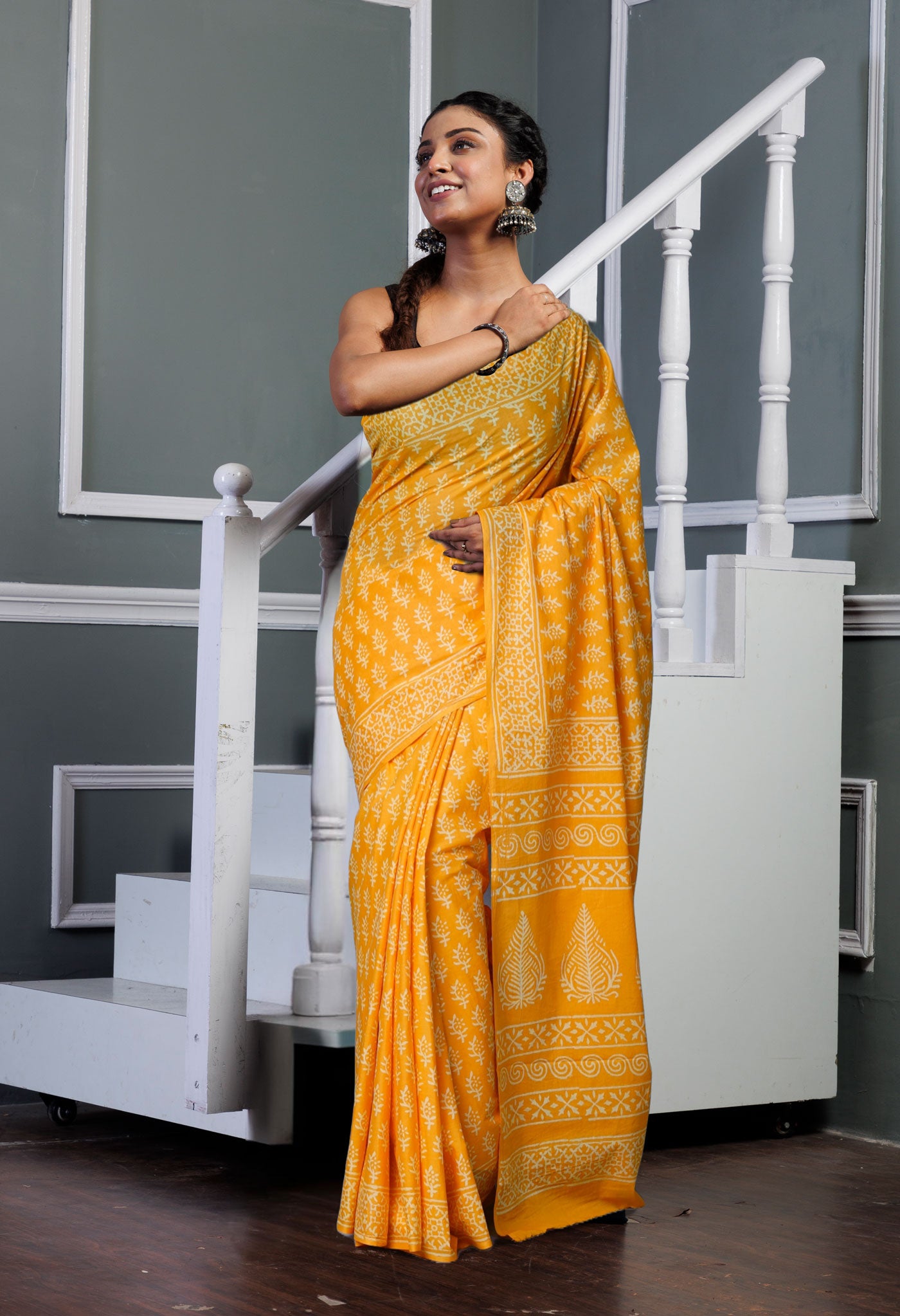 Yellow Pure Hand Block Printed Soft Cotton Saree-UNM79569