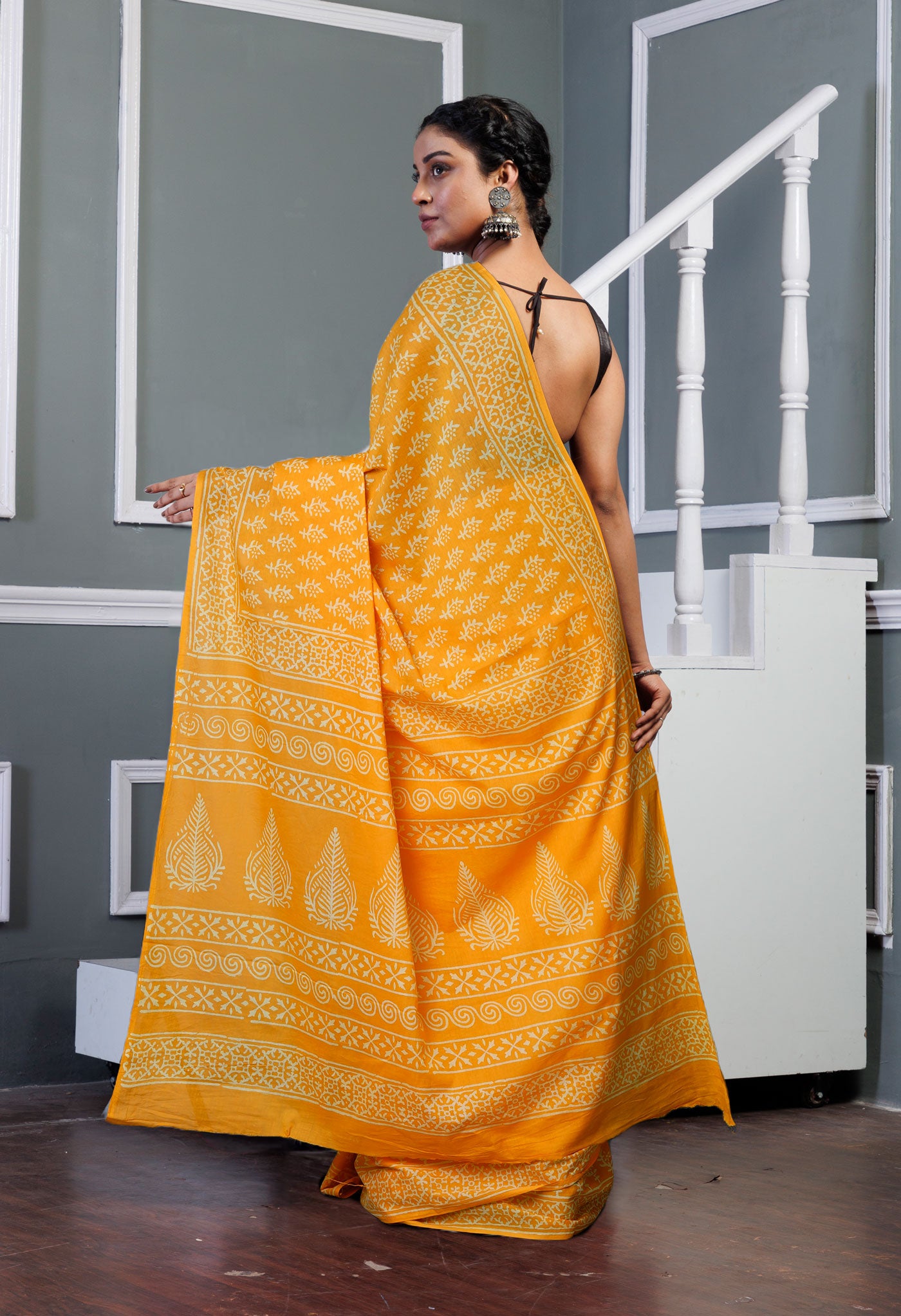 Yellow Pure Hand Block Printed Soft Cotton Saree-UNM79569