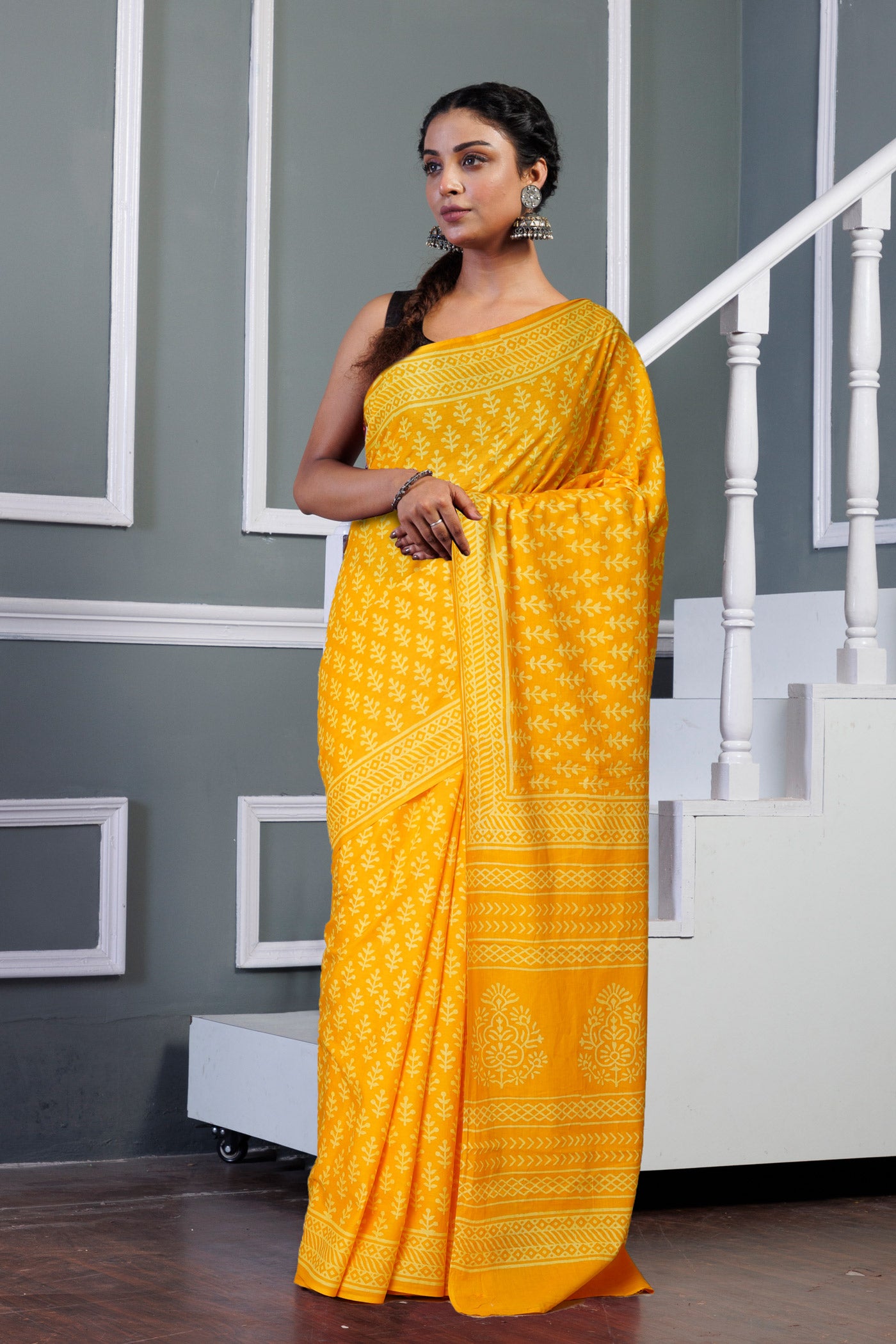 Yellow Pure Hand Block Printed Soft Cotton Saree-UNM79573