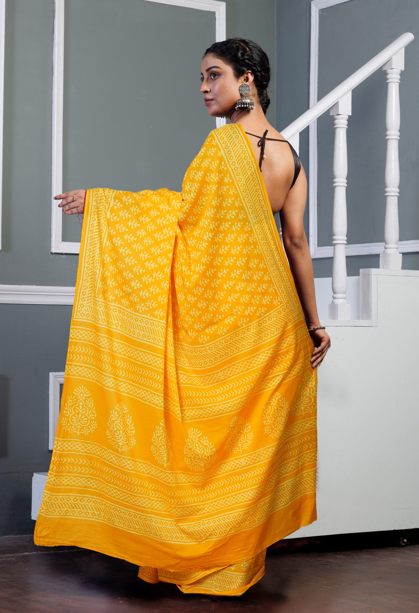 Yellow Pure Hand Block Printed Soft Cotton Saree-UNM79573