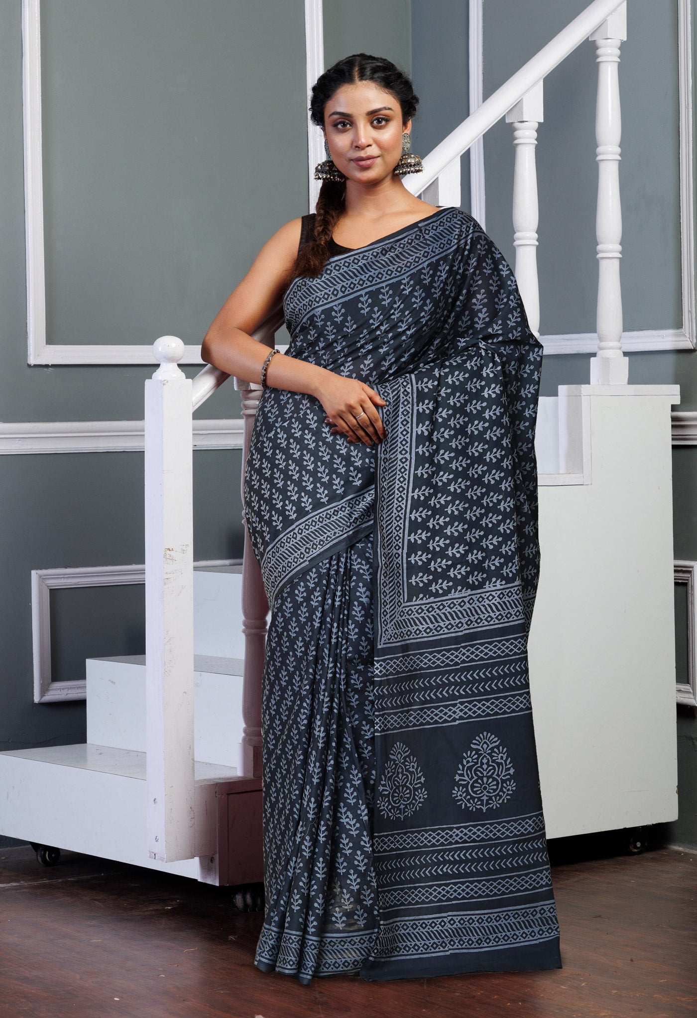 Dark Grey Pure Hand Block Printed Soft Cotton Saree-UNM79574