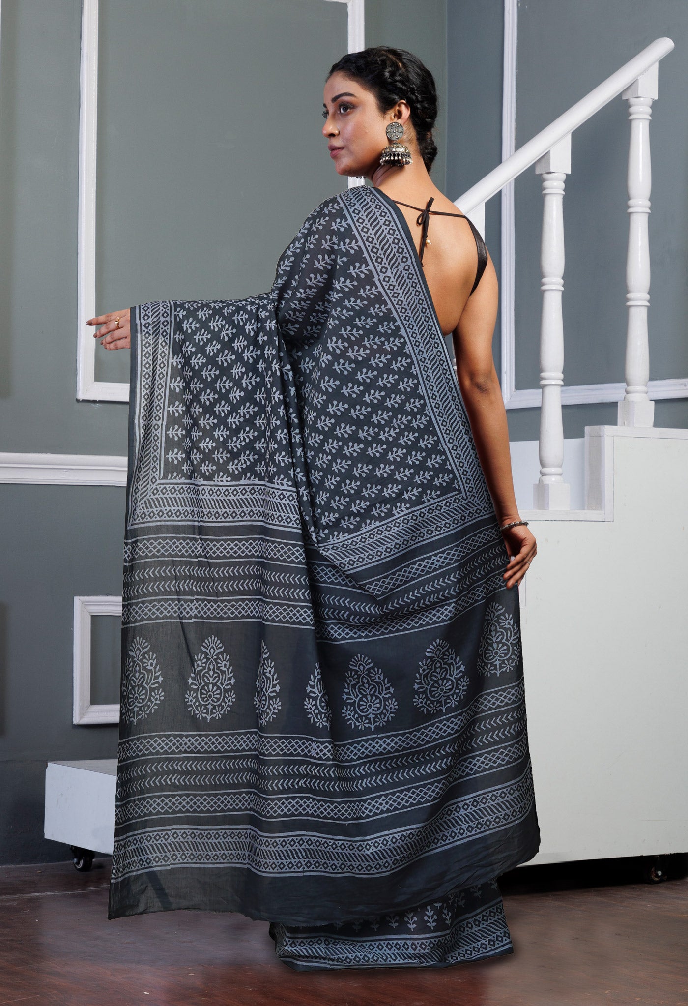 Dark Grey Pure Hand Block Printed Soft Cotton Saree-UNM79574