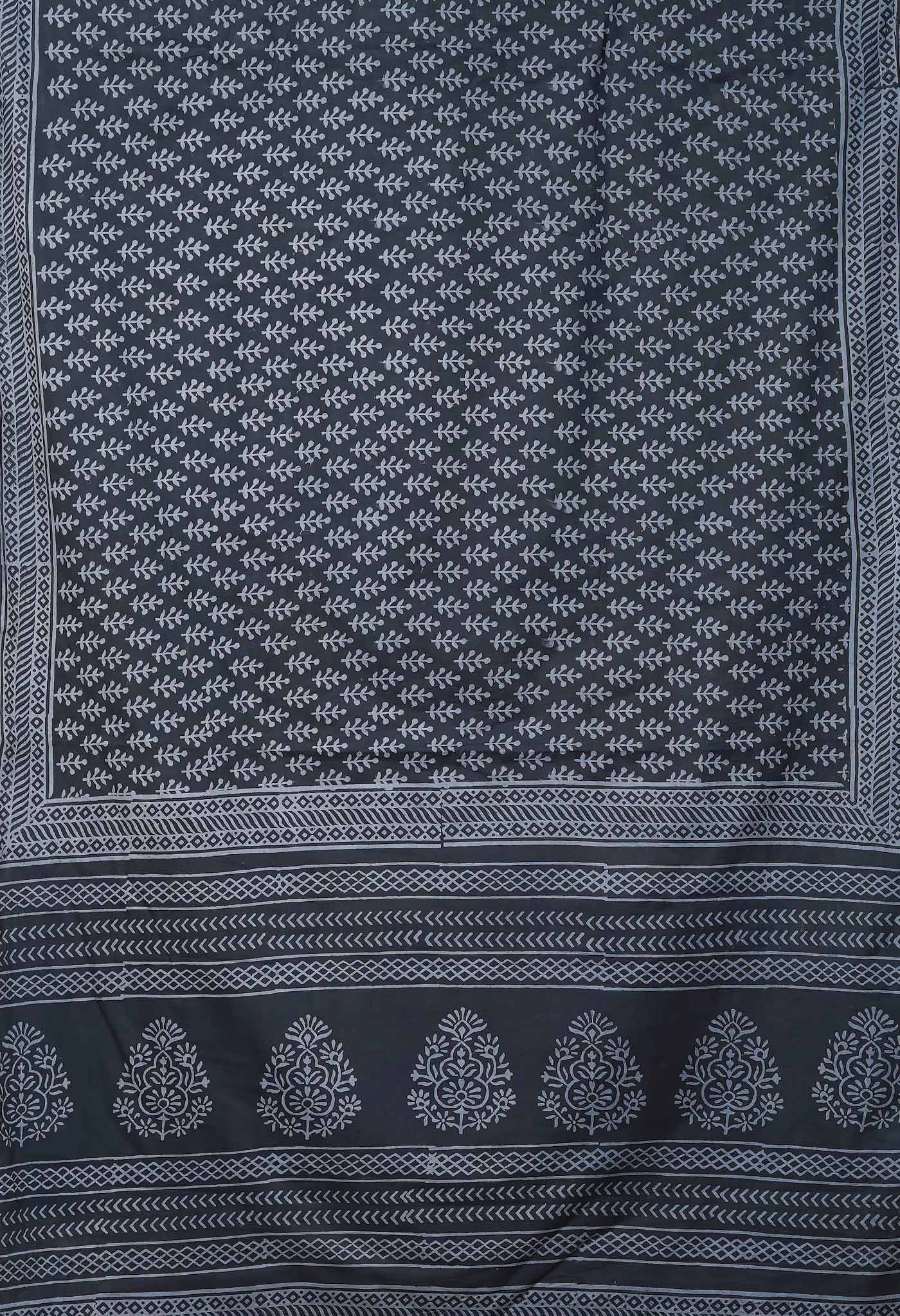 Dark Grey Pure Hand Block Printed Soft Cotton Saree-UNM79574