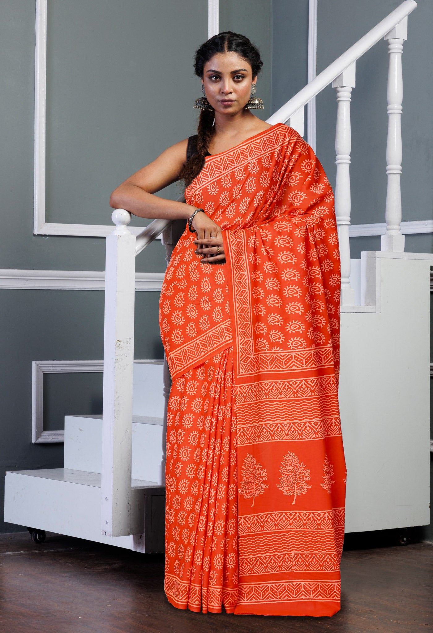 Red Pure Hand Block Printed Soft Cotton Saree-UNM79575