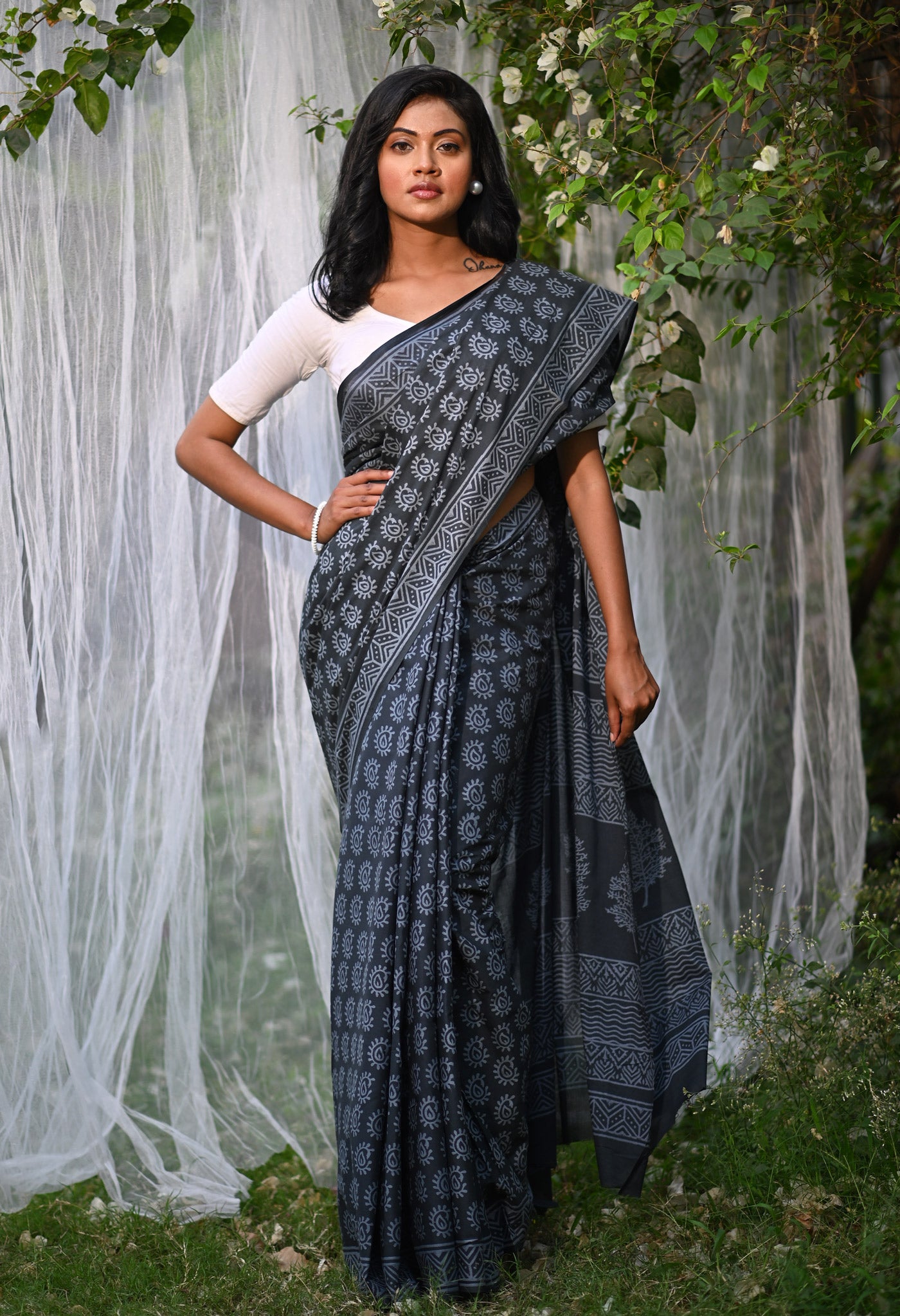 Dark Grey Pure Hand Block Printed Soft Cotton Saree-UNM79576