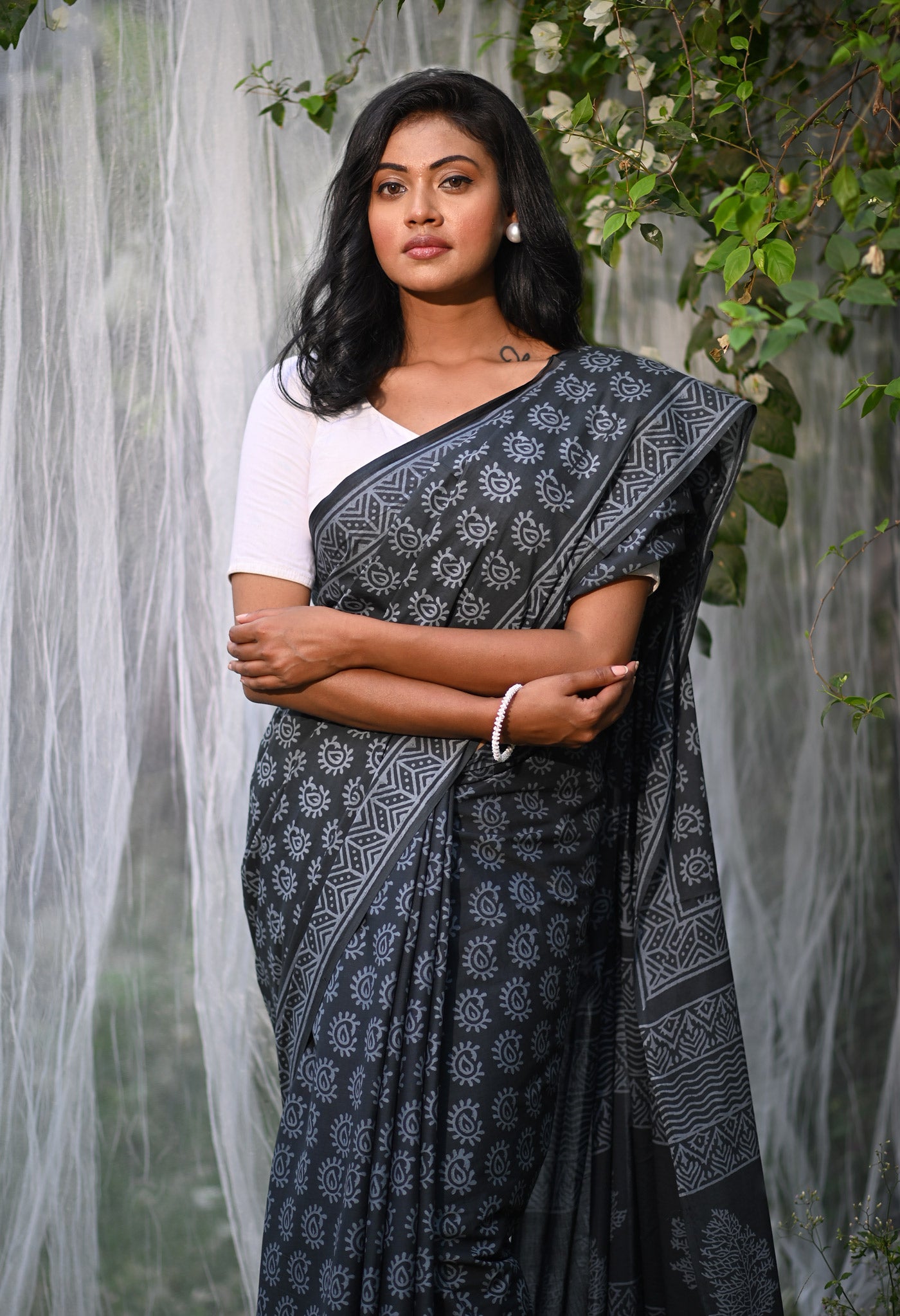 Dark Grey Pure Hand Block Printed Soft Cotton Saree-UNM79576