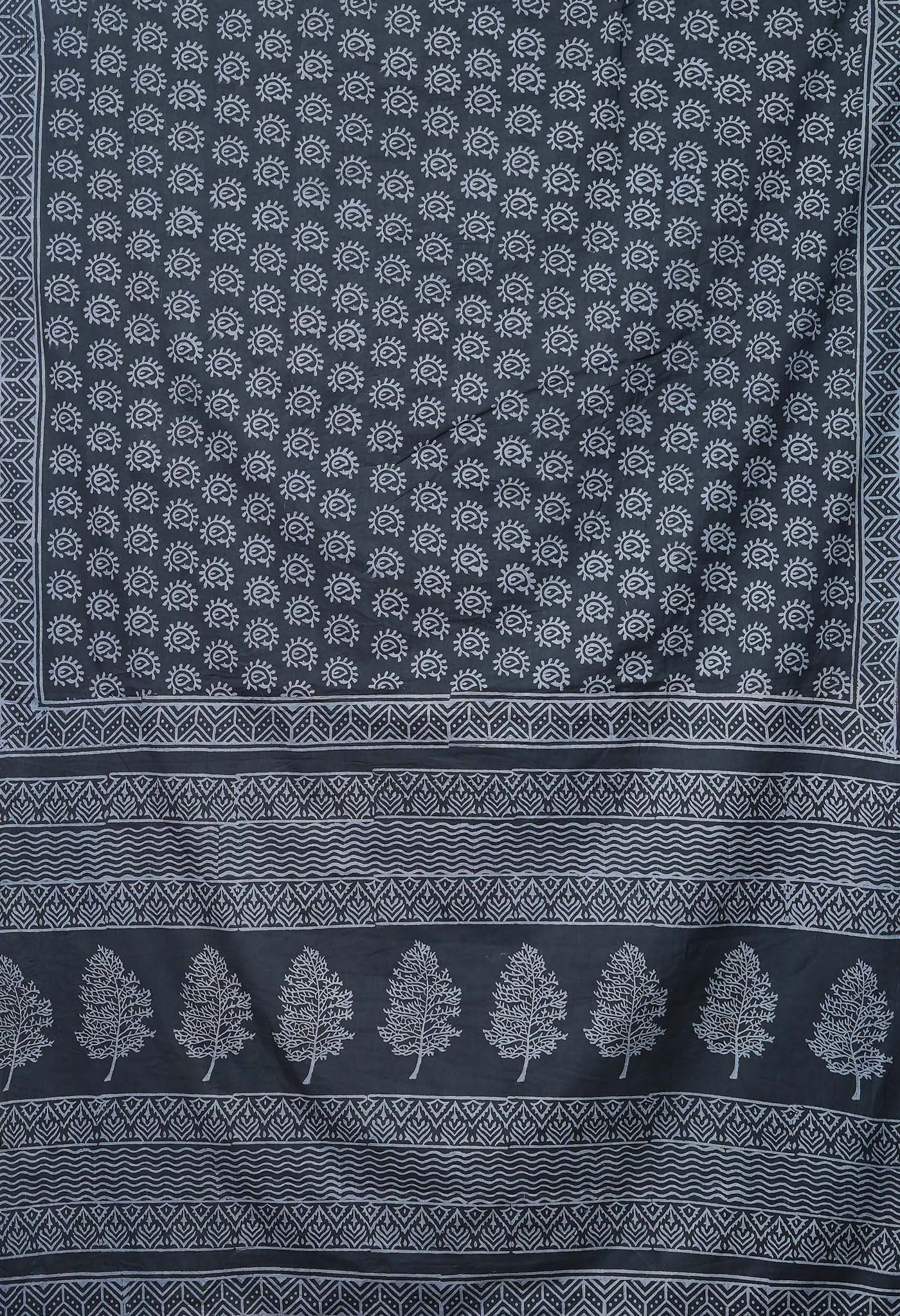 Dark Grey Pure Hand Block Printed Soft Cotton Saree-UNM79576