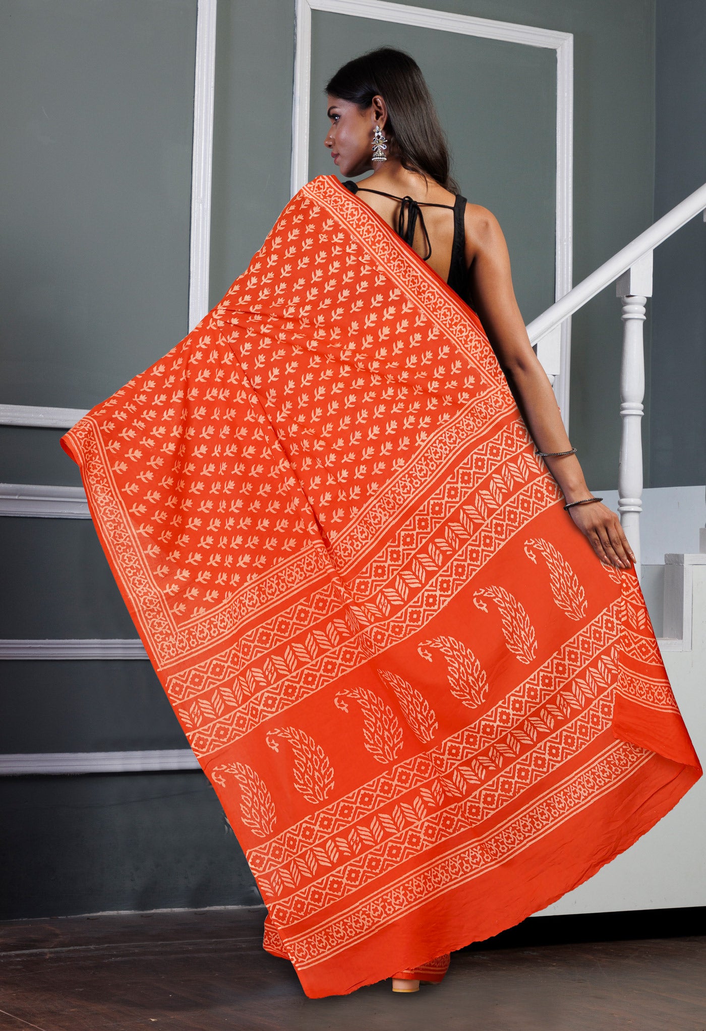 Red Pure Hand Block Printed Soft Cotton Saree-UNM79577