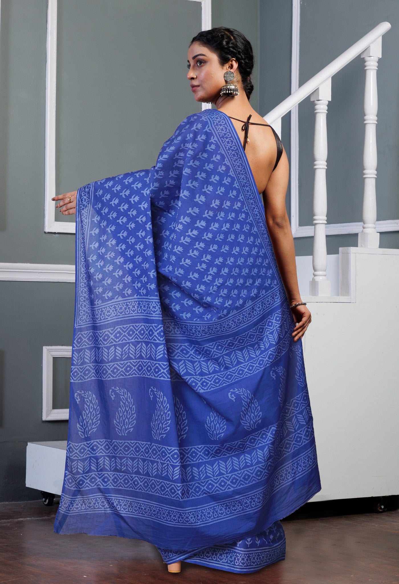 Navy Blue Pure Hand Block Printed Soft Cotton Saree-UNM79578