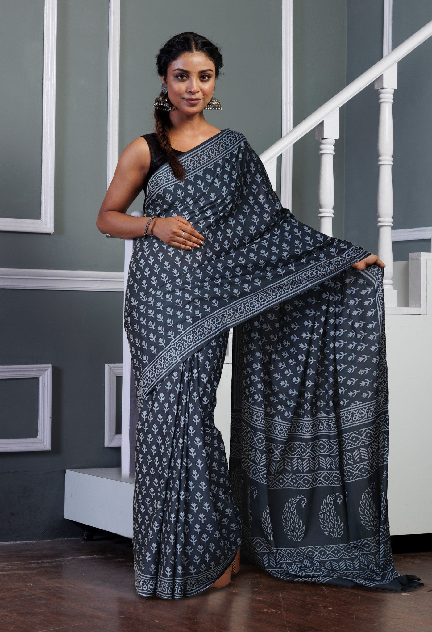 Dark Grey Pure Hand Block Printed Soft Cotton Saree-UNM79579