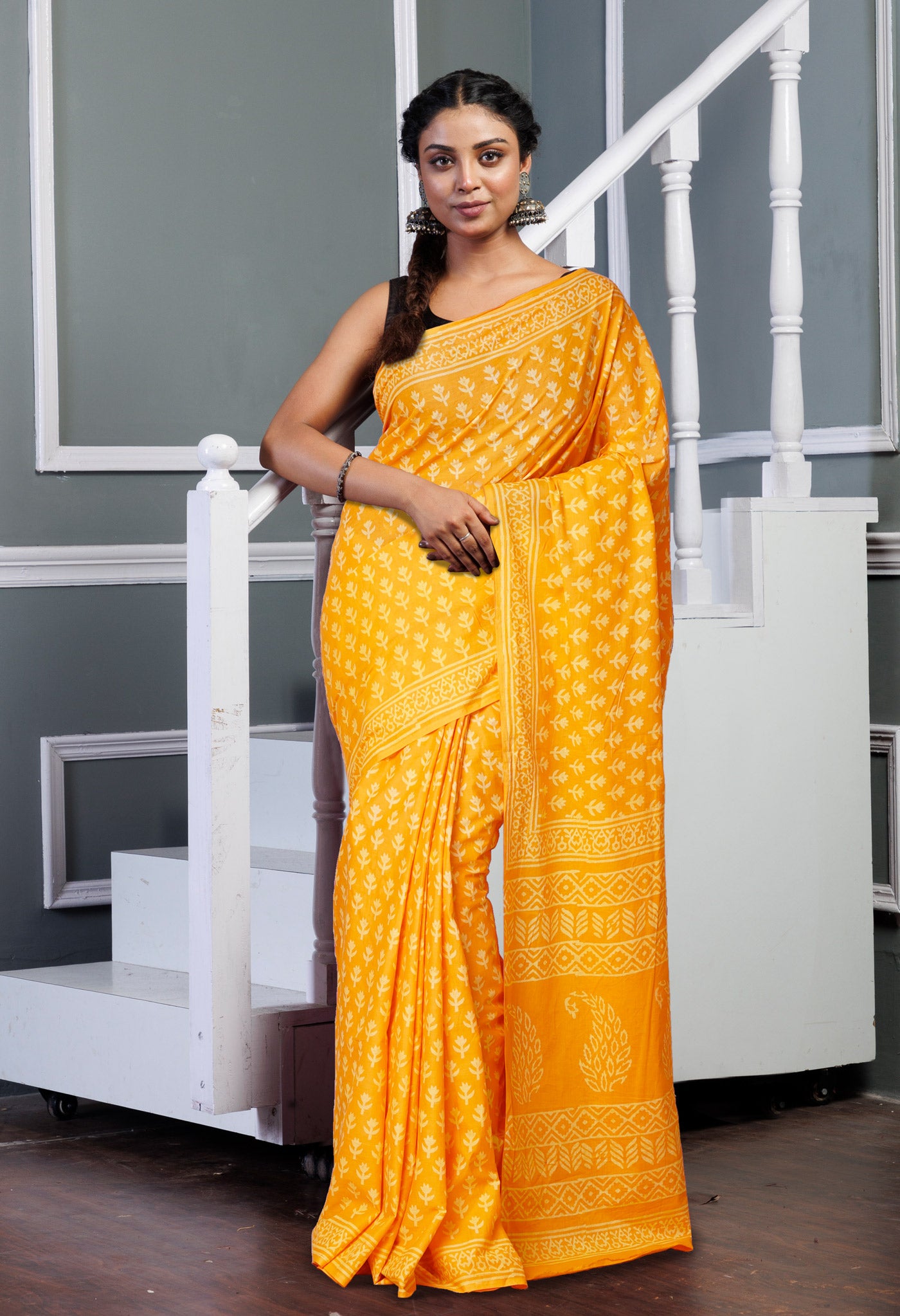 Yellow Pure Hand Block Printed Soft Cotton Saree-UNM79580