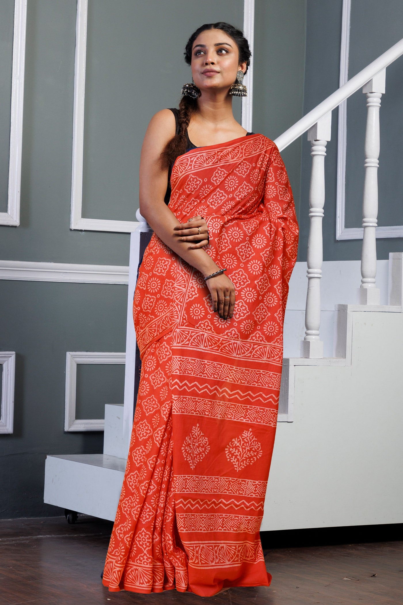 Red Pure Hand Block Printed Soft Cotton Saree-UNM79581