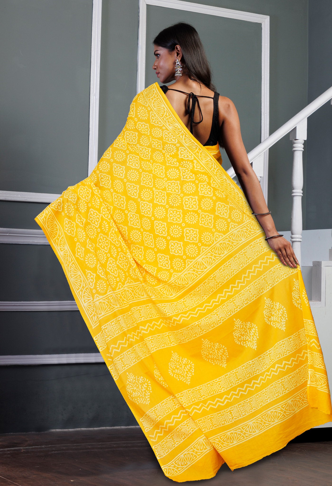 Yellow Pure Hand Block Printed Soft Cotton Saree-UNM79582