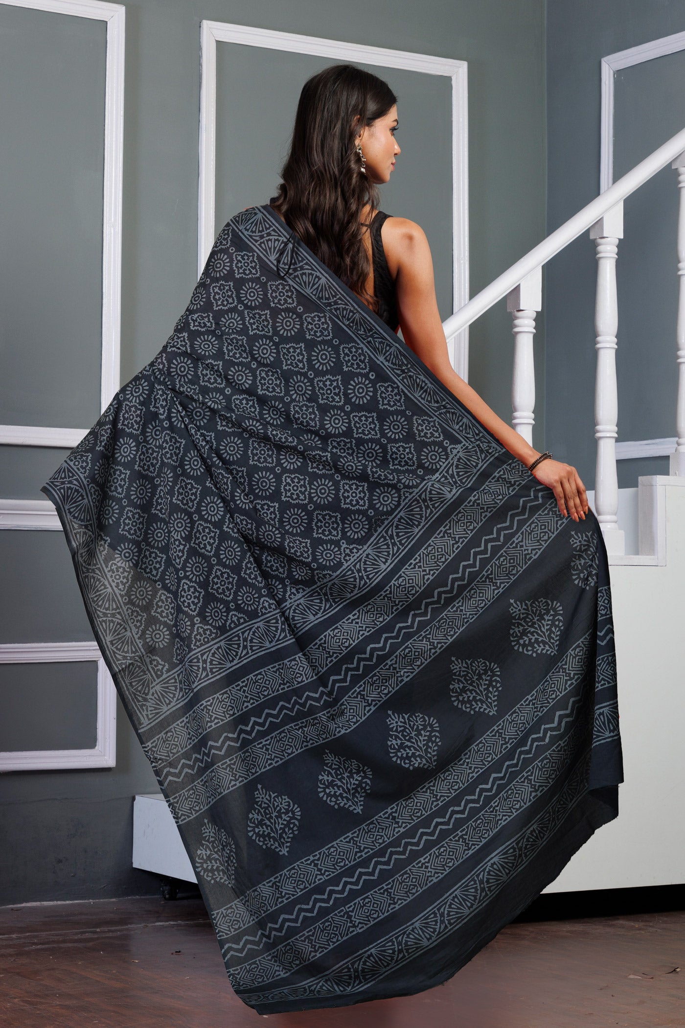 Dark Grey Pure Hand Block Printed Soft Cotton -UNM79583