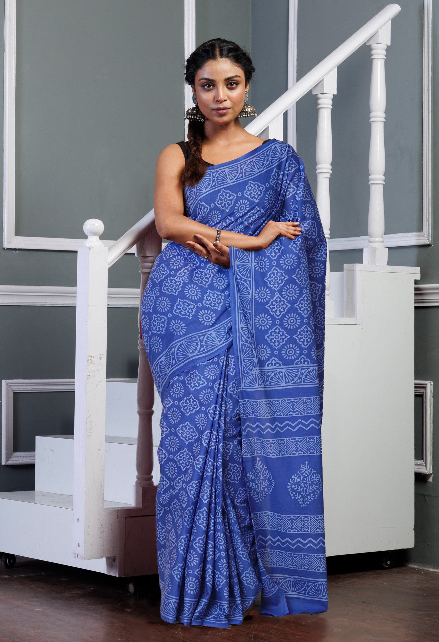 Navy Blue Pure Hand Block Printed Soft Cotton Saree-UNM79585