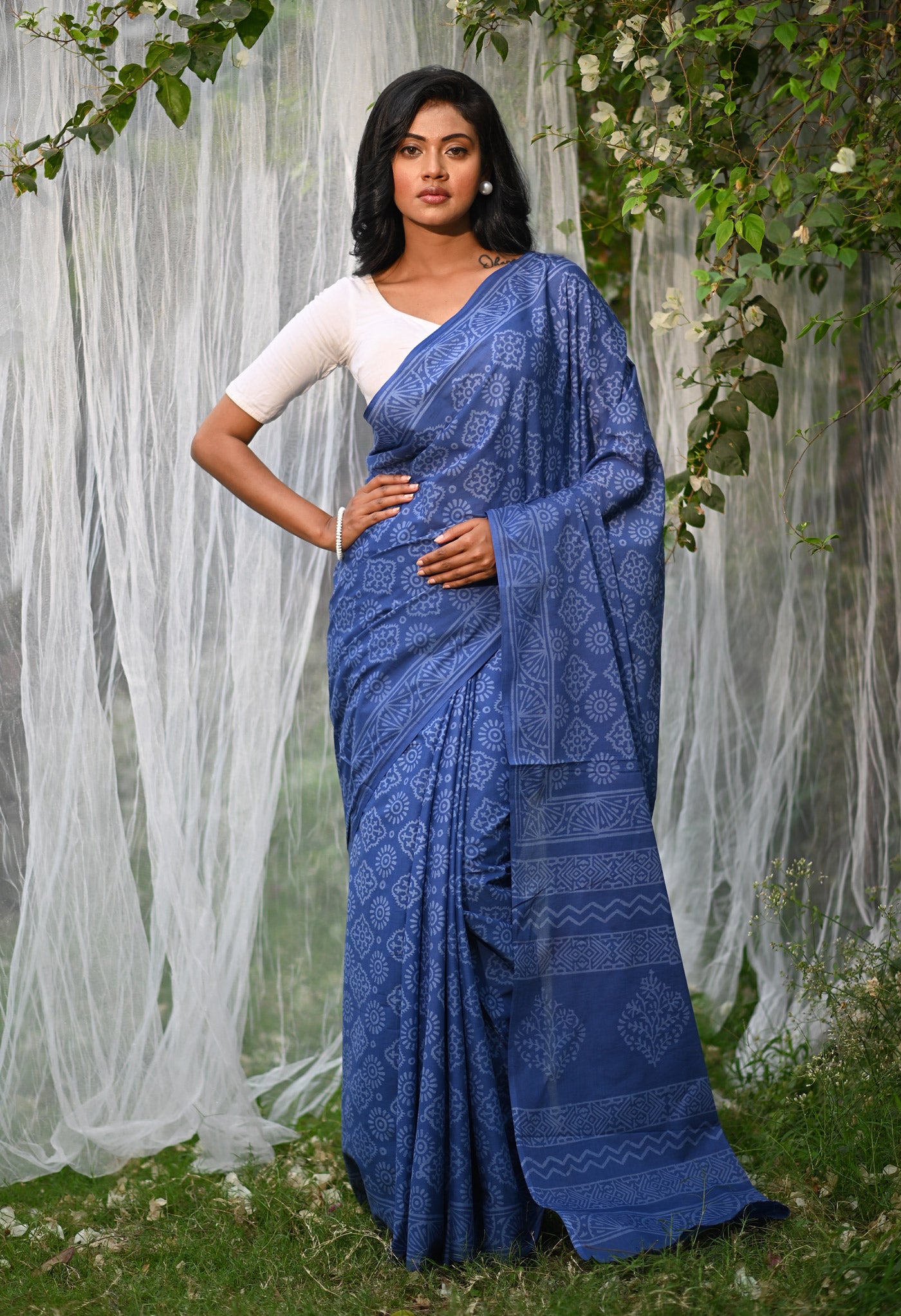 Navy Blue Pure Hand Block Printed Soft Cotton Saree-UNM79585