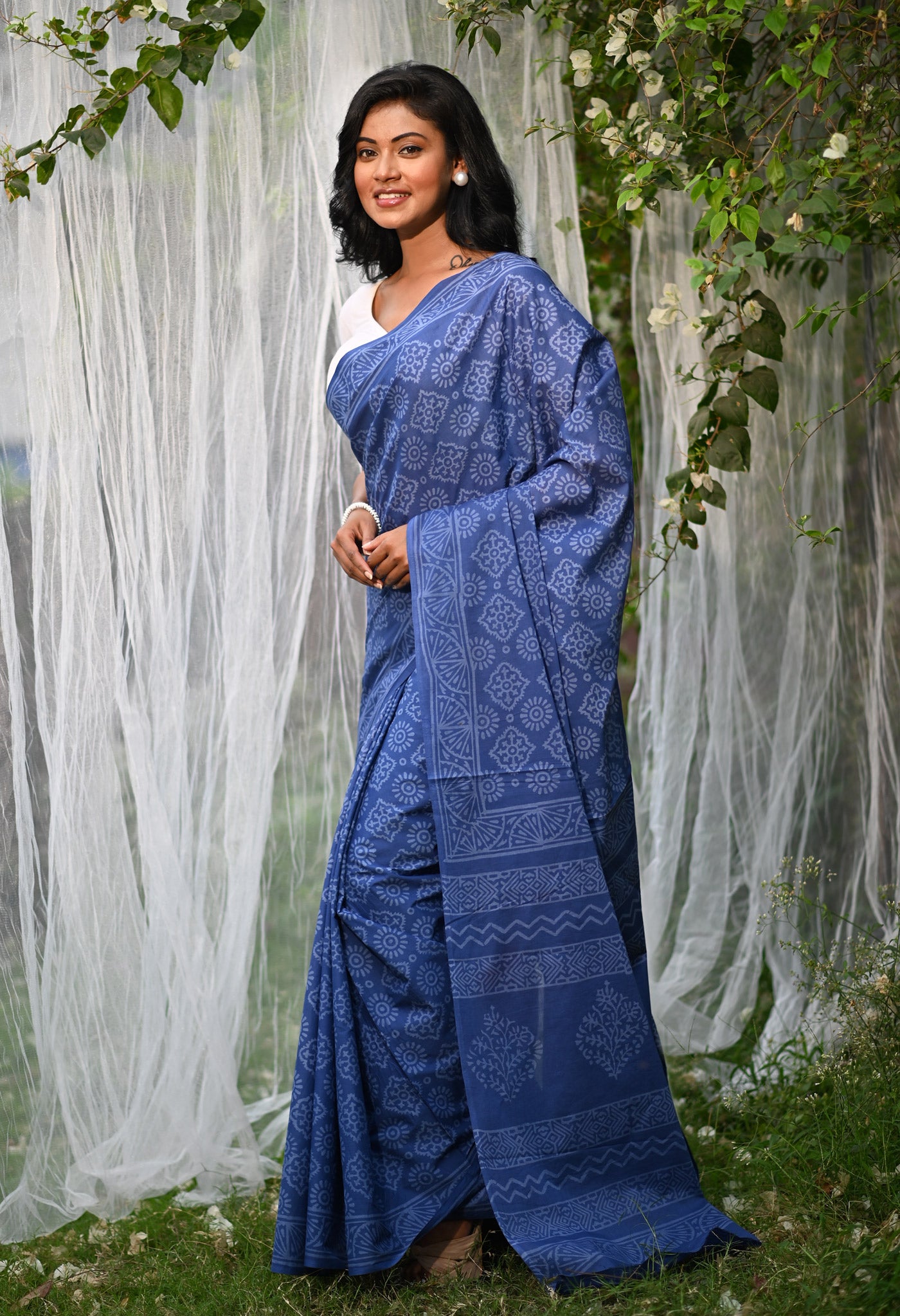 Navy Blue Pure Hand Block Printed Soft Cotton Saree-UNM79585