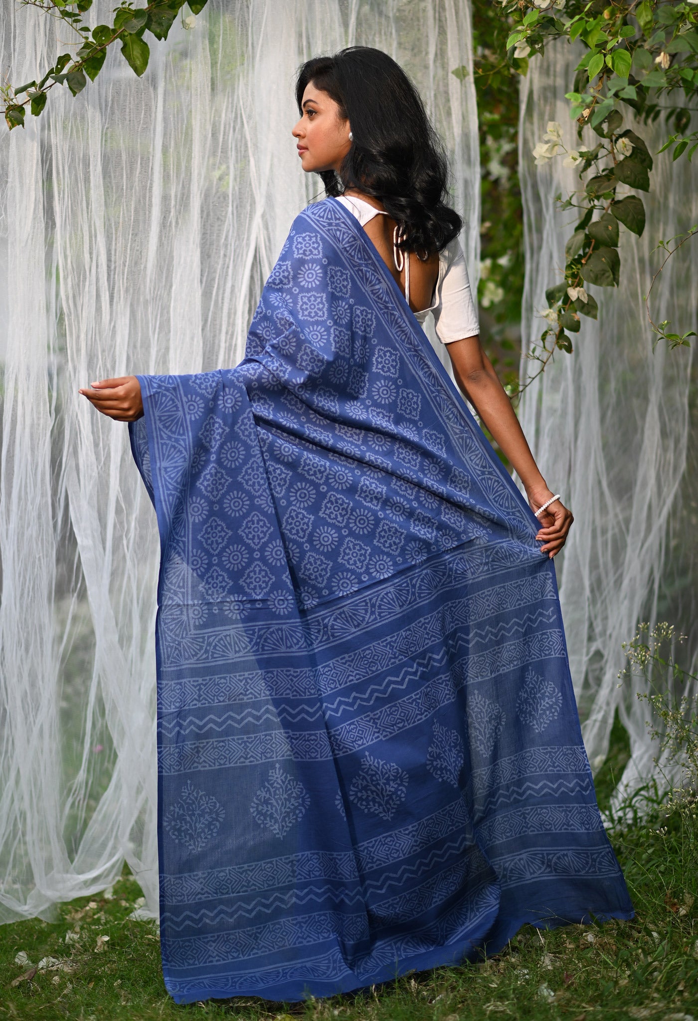 Navy Blue Pure Hand Block Printed Soft Cotton Saree-UNM79585