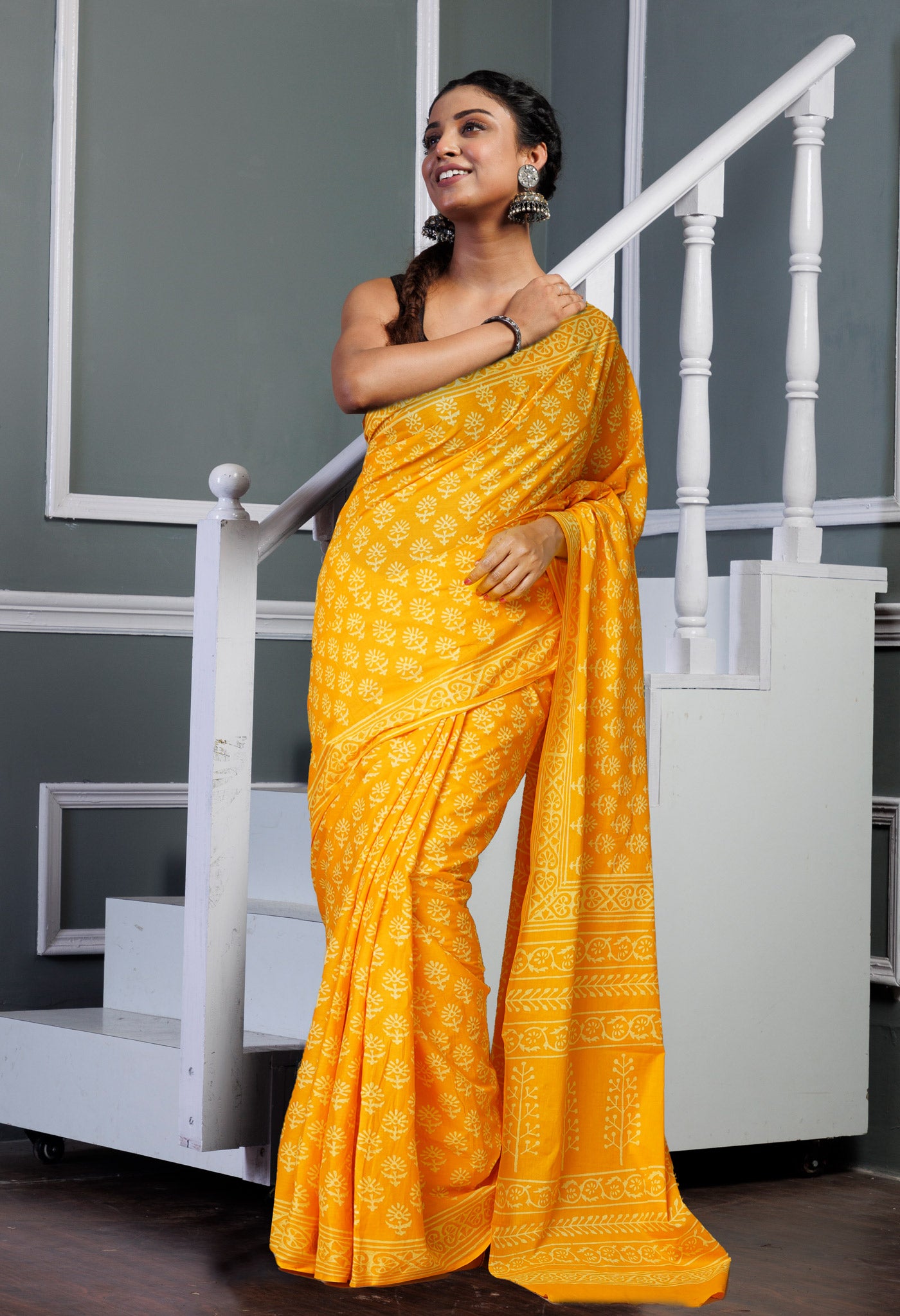 Yellow Pure Hand Block Printed Soft Cotton Saree-UNM79586