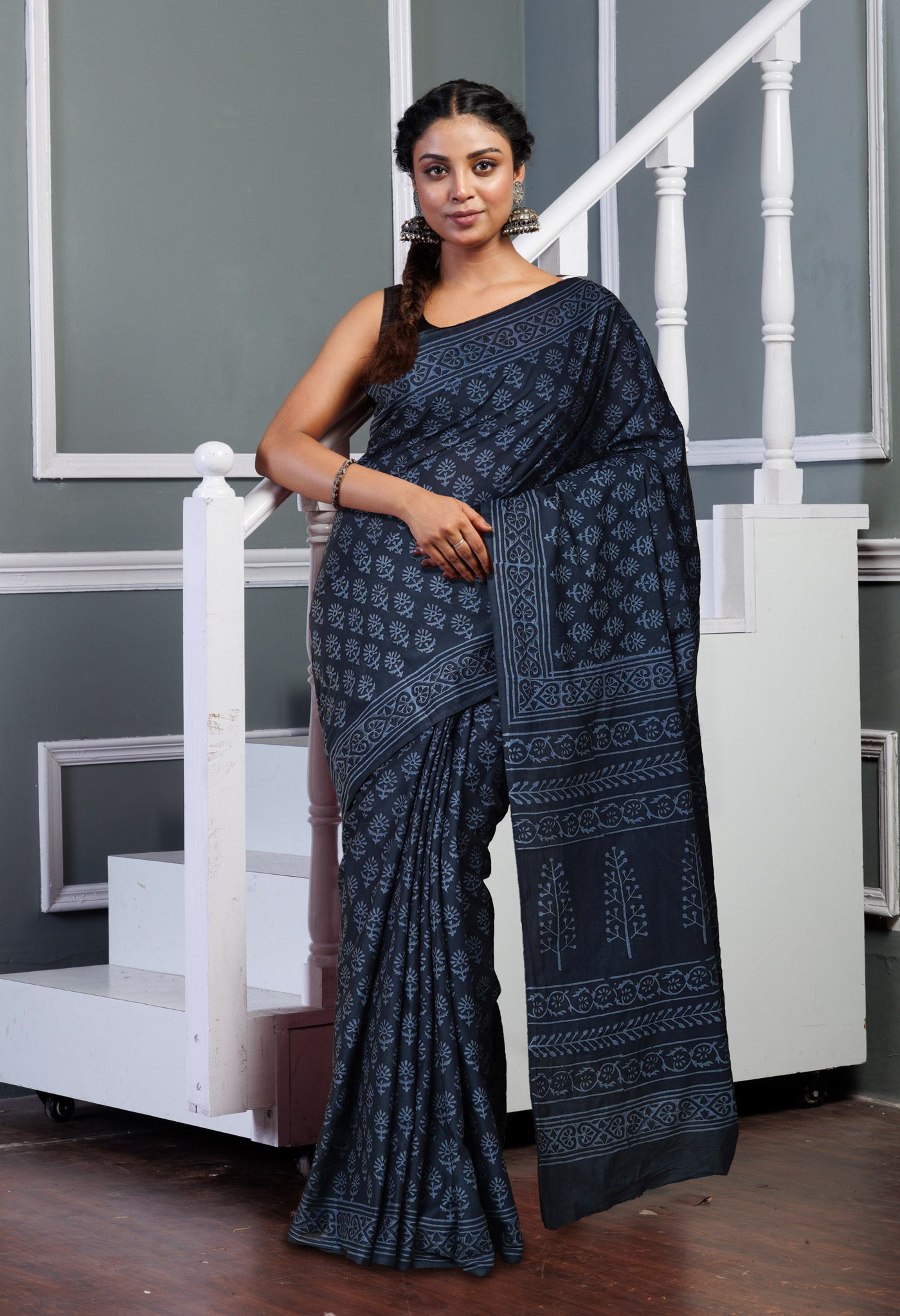 Dark Grey Pure Hand Block Printed Soft Cotton Saree-UNM79587