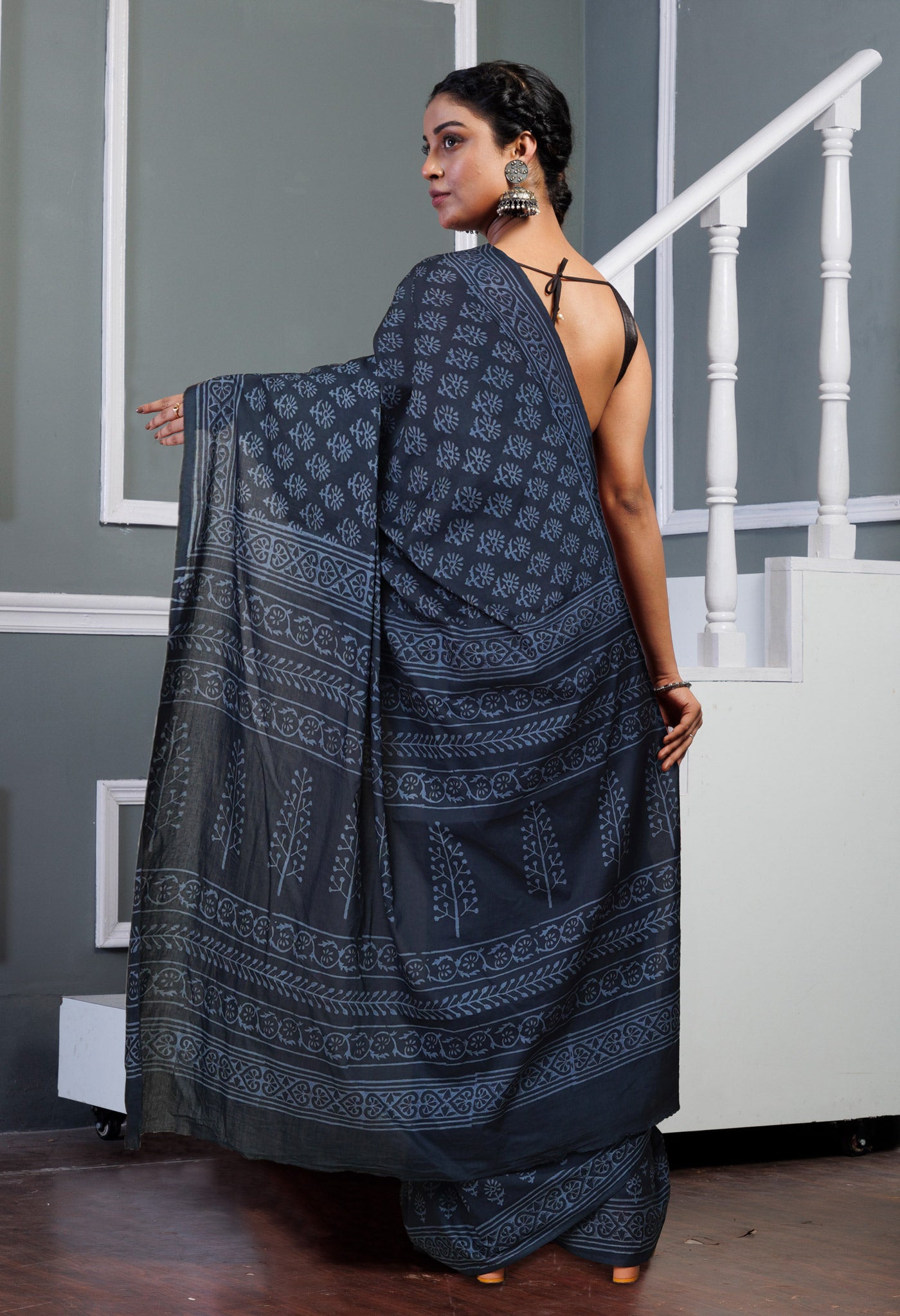 Dark Grey Pure Hand Block Printed Soft Cotton Saree-UNM79587