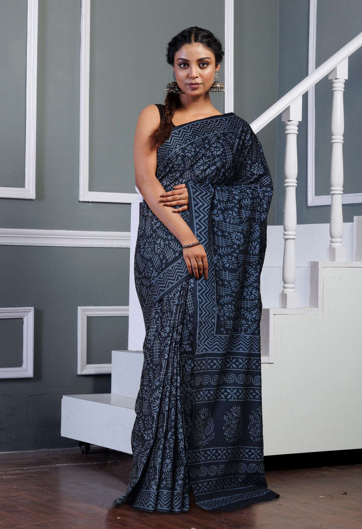 Dark Grey Pure Hand Block Printed Soft Cotton Saree-UNM79589