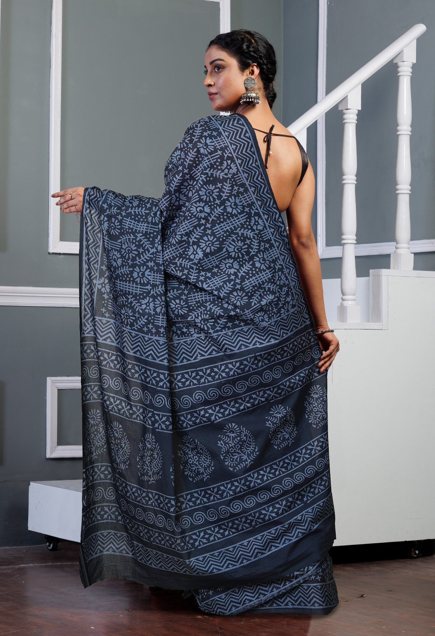 Dark Grey Pure Hand Block Printed Soft Cotton Saree-UNM79589