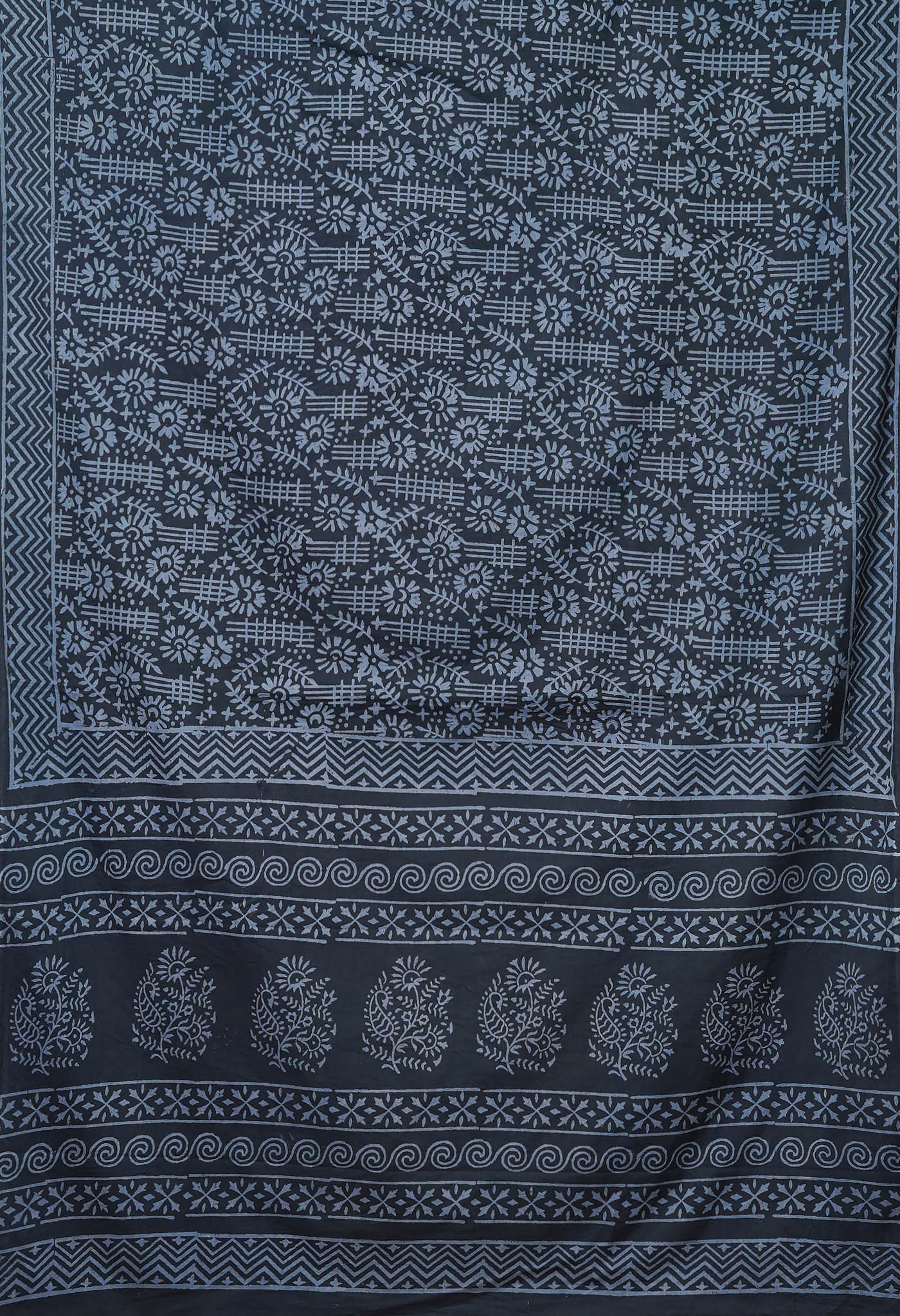 Dark Grey Pure Hand Block Printed Soft Cotton Saree-UNM79589