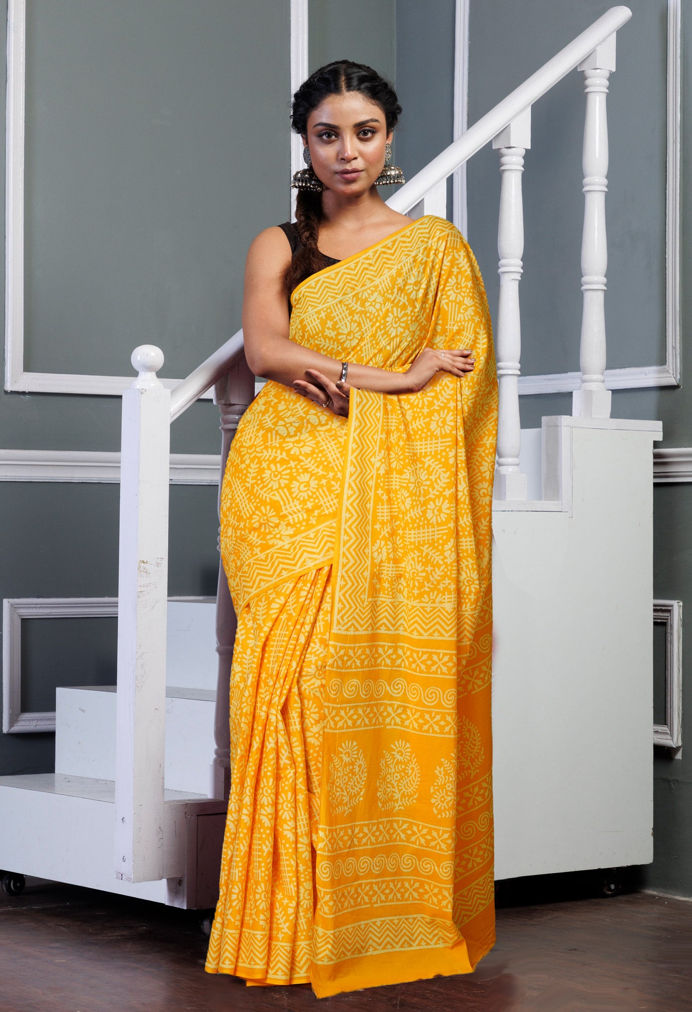 Yellow Pure Hand Block Printed Soft Cotton Saree-UNM79590